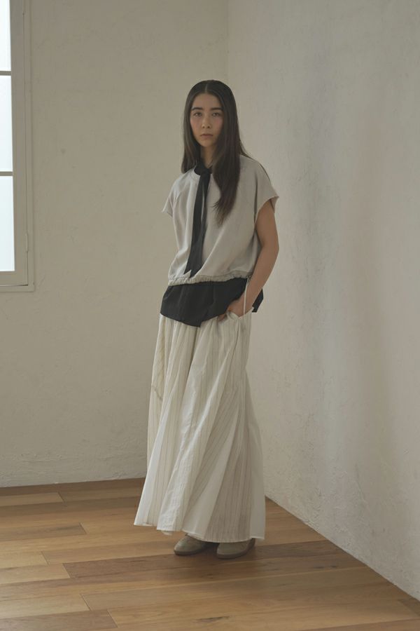25163-8299P_off white | ストライプ切替ギャザーS/K | Color:Off White【ANGELINA_アンジェリーナ】