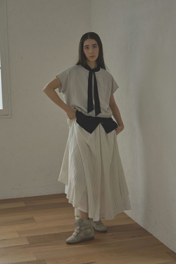 25163-8299P_off white | ストライプ切替ギャザーS/K | Color:Off White【ANGELINA_アンジェリーナ】