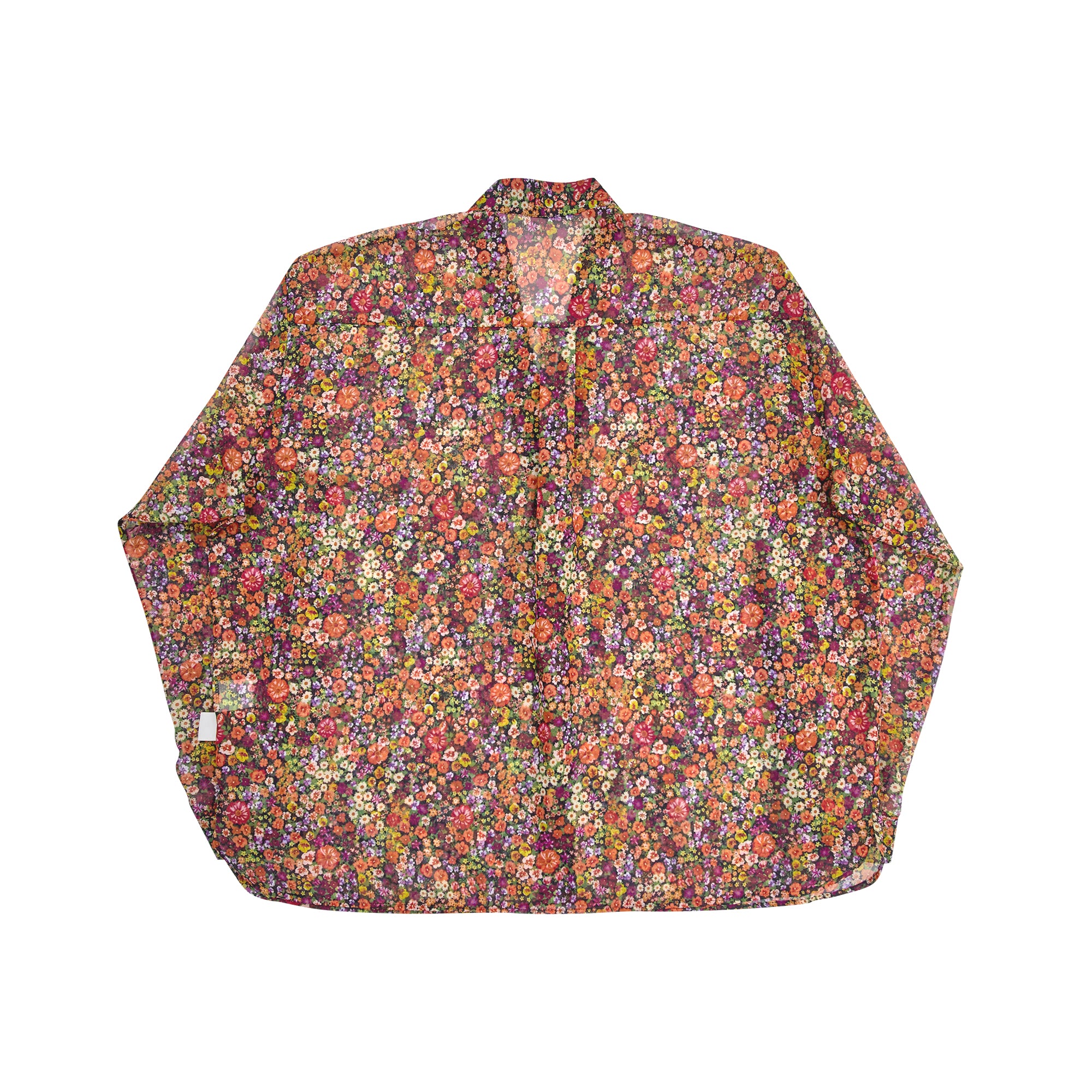 GORT® シアー素材のノーカラーシャツ(マルチオレンジ)オーバーフィットでユニセックス仕様。花柄プリントが印象的。