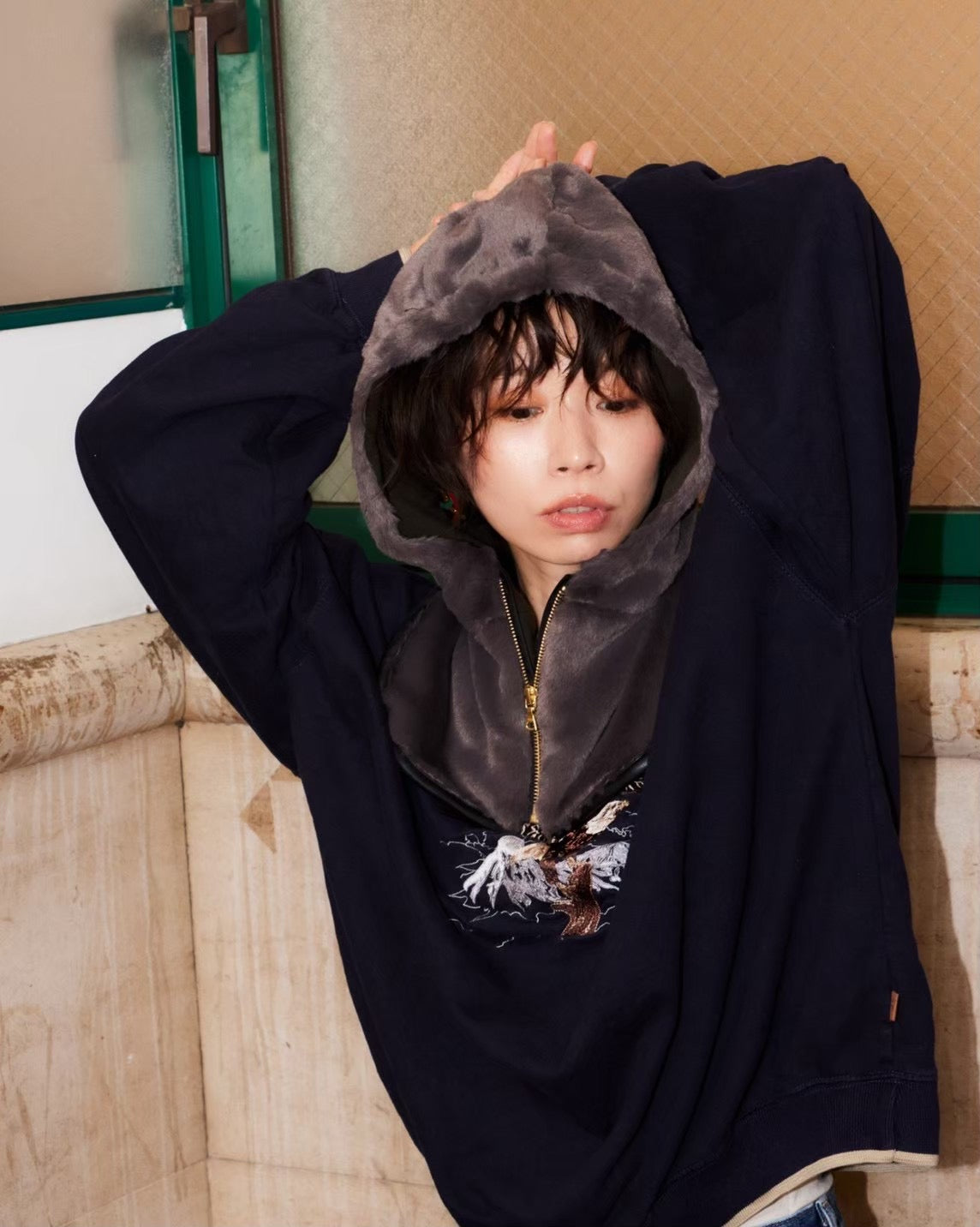 No:WG1034 | Name:ファーフードカラー | Color:Gray/Navy | Size-Free【REHERSALL_リハーズオール】