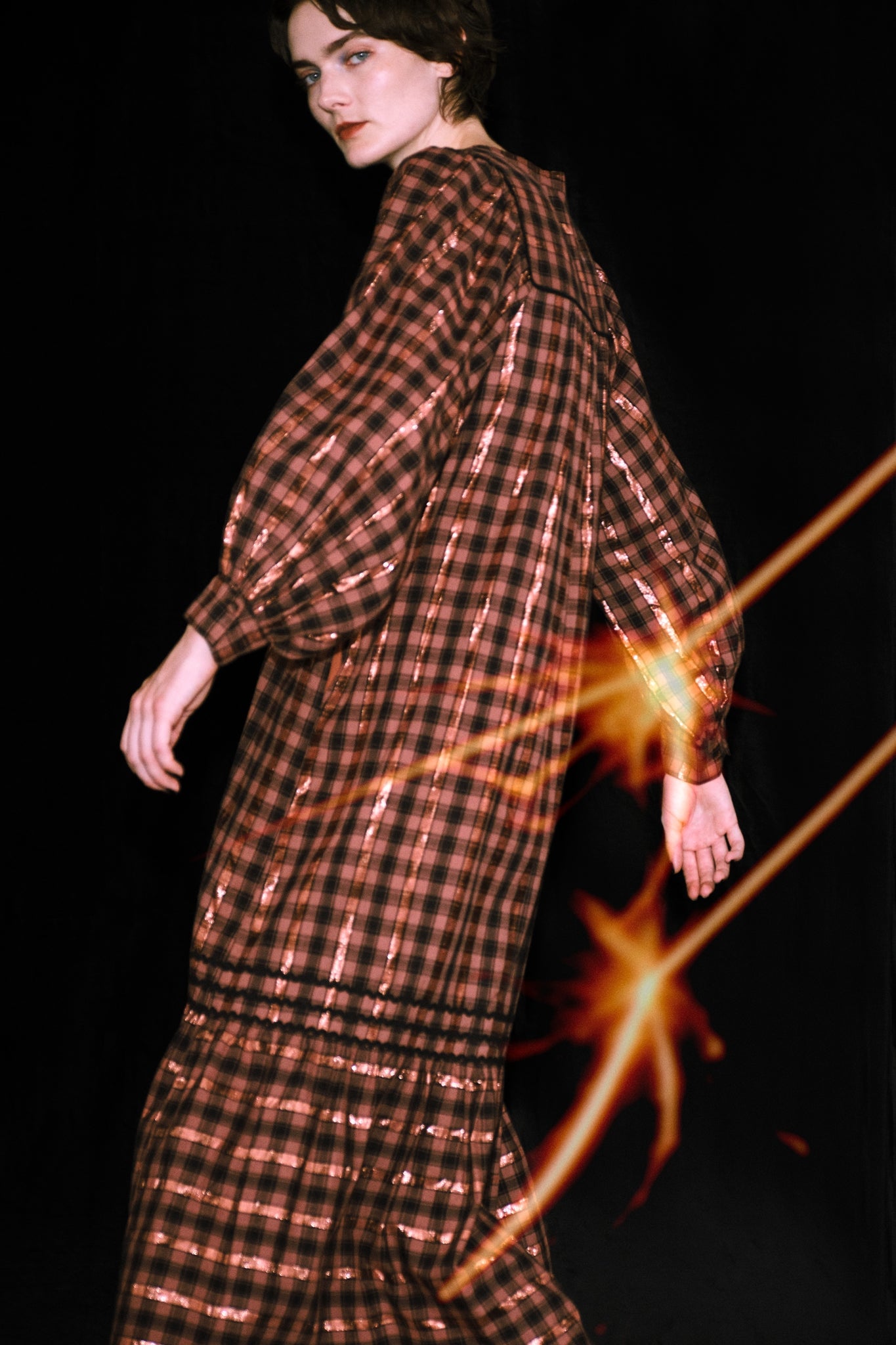 020442SR1 | COTTON CHECK SHIRRING LONG DRESS | Color:Brown【SARAMALLIKA_サラマリカ】【archive】