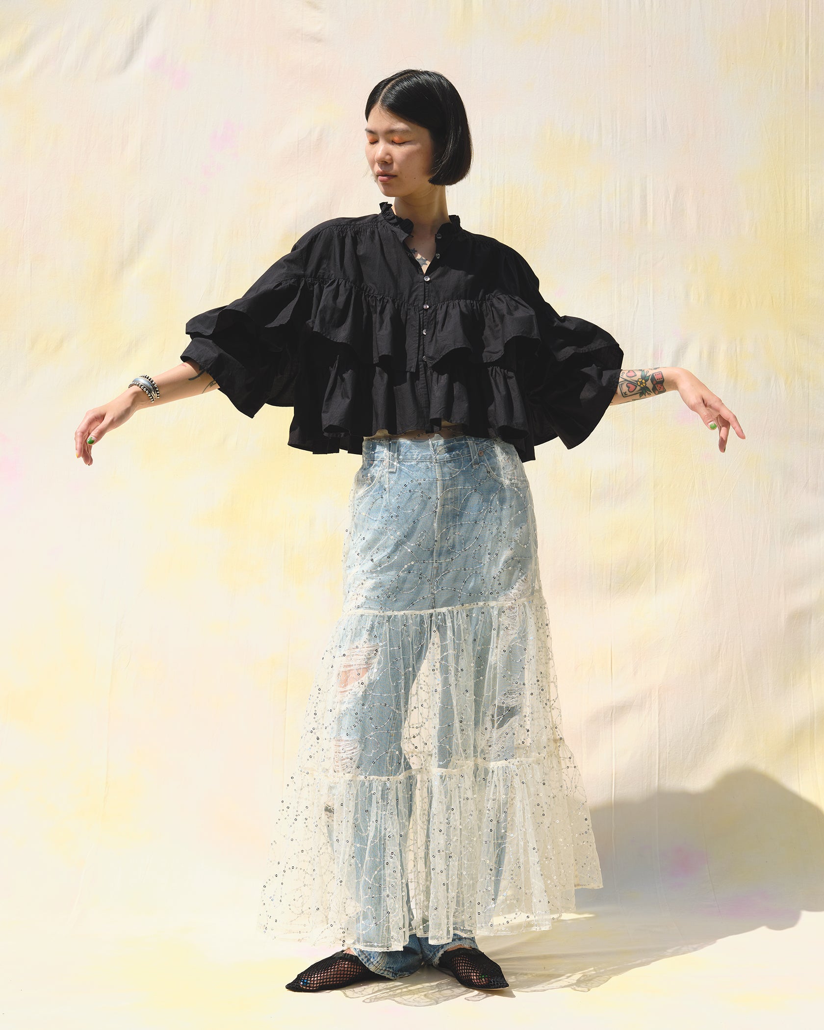 020351SN2_Ecru | SHINY SEQUIN EMBROIDERY SKIRT | Color:Ecru【SARA MALLIKA_サラマリカ】