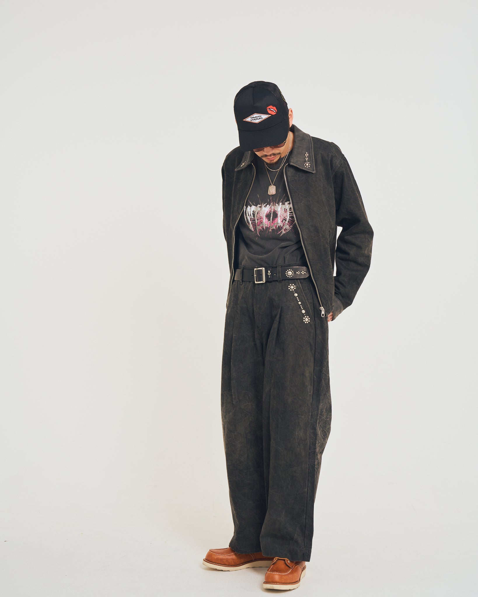Studs work wide pants | Color_Black | No_efsal-02_Black【EFFECTEN_エフェクテン】【入荷予定アイテム・入荷連絡可能】