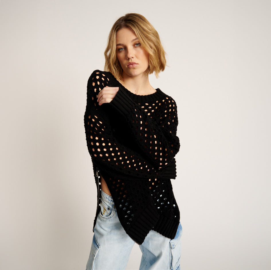 No:26352 | Name:KNITTED FISHNET ZIP SIDE SWEATER | Color:Black【ONE TEASPOON_ワンティースプーン】【入荷予定アイテム・入荷連絡可能】