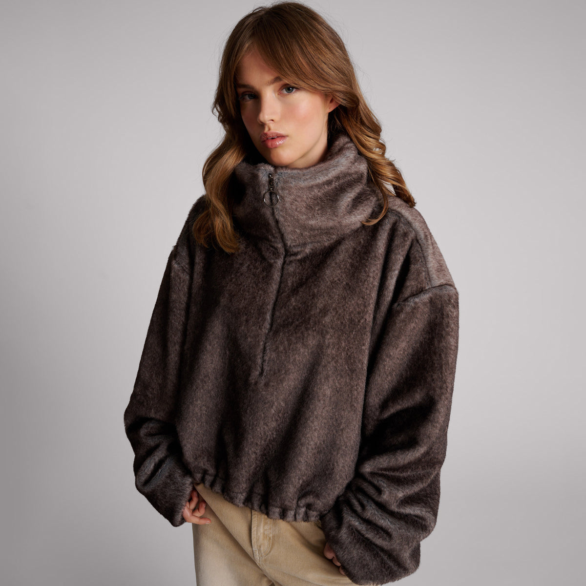 26471A_Ash | SAUVAGE FAUX FUR CROPPED PULLOVER JACKET | Color:Ash【ONE TEASPOON_ワンティースプーン】【archive】