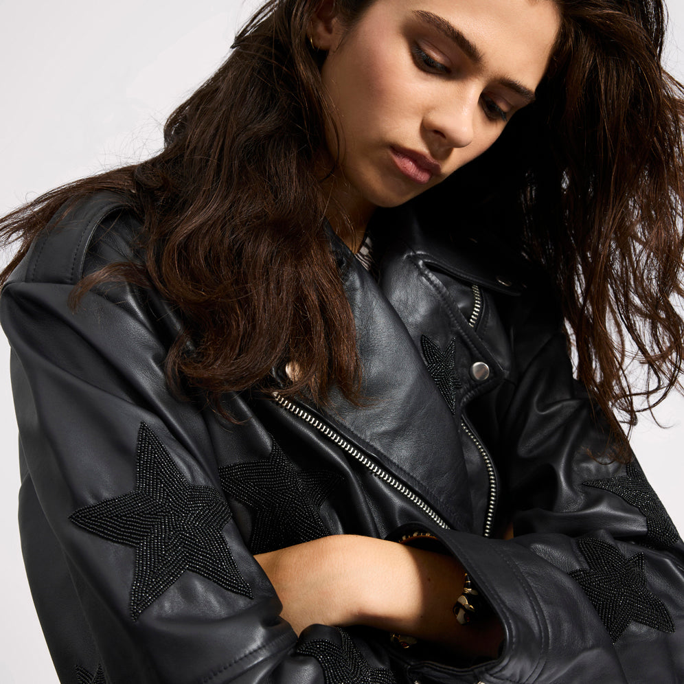 BIKER BOYFRIEND EMBELLISHED MOTO LEATHER JACKET | Color_Black Star | No_26627b_black star【ONE TEASPOON_ワンティースプーン】【入荷予定アイテム・入荷連絡可能】