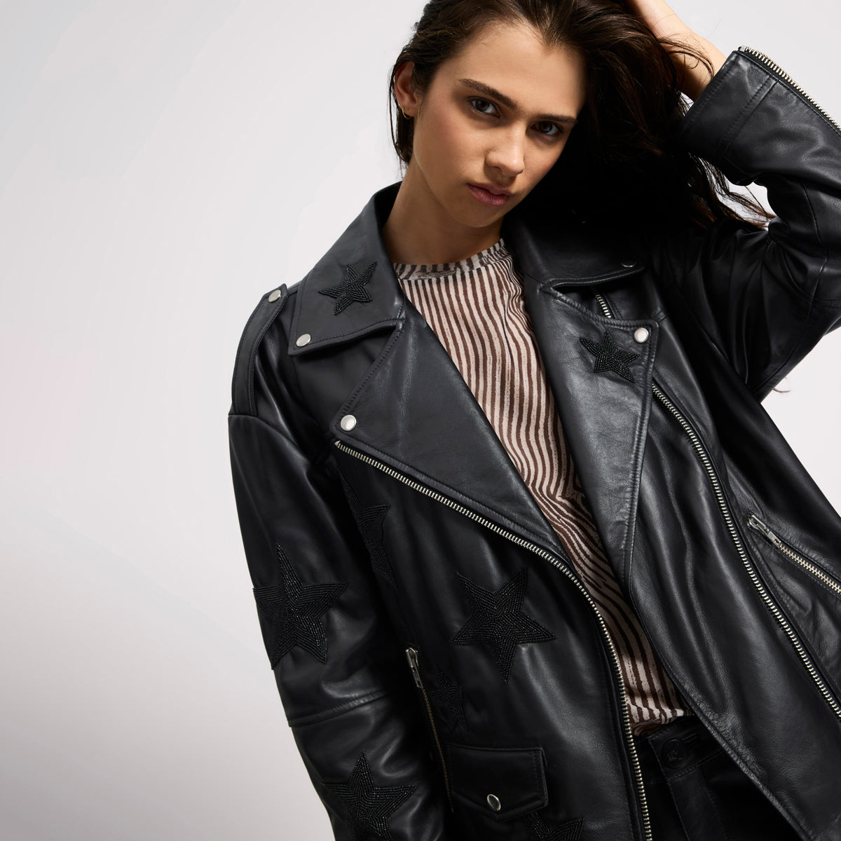 BIKER BOYFRIEND EMBELLISHED MOTO LEATHER JACKET | Color_Black Star | No_26627b_black star【ONE TEASPOON_ワンティースプーン】【入荷予定アイテム・入荷連絡可能】