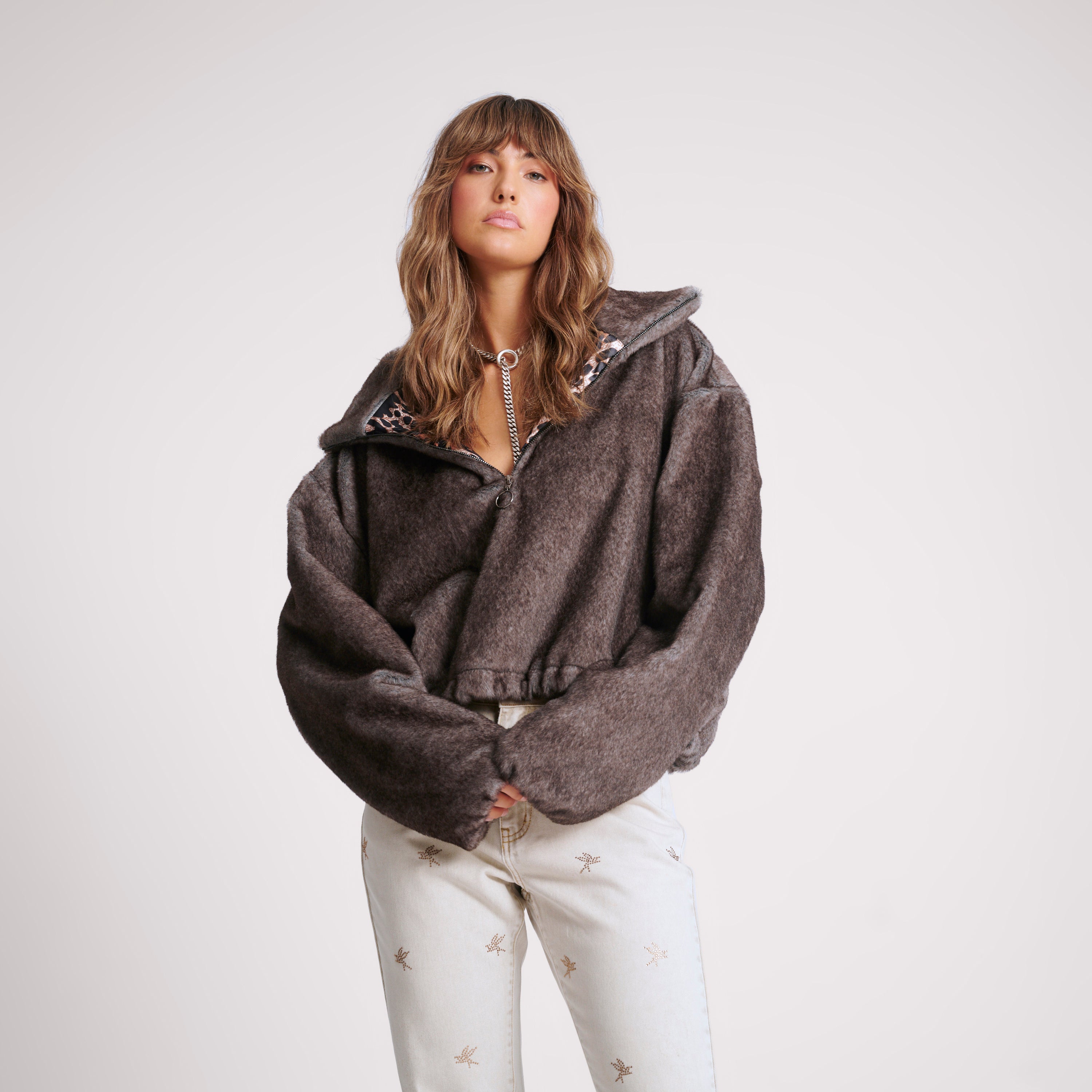 26471A_Ash | SAUVAGE FAUX FUR CROPPED PULLOVER JACKET | Color:Ash【ONE TEASPOON_ワンティースプーン】【archive】