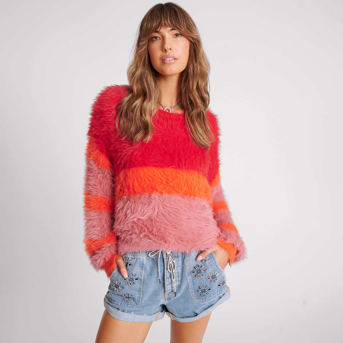 FLUFFY COLOUR BLOCK SWEATER – SUNSET | ONE TEASPOON
