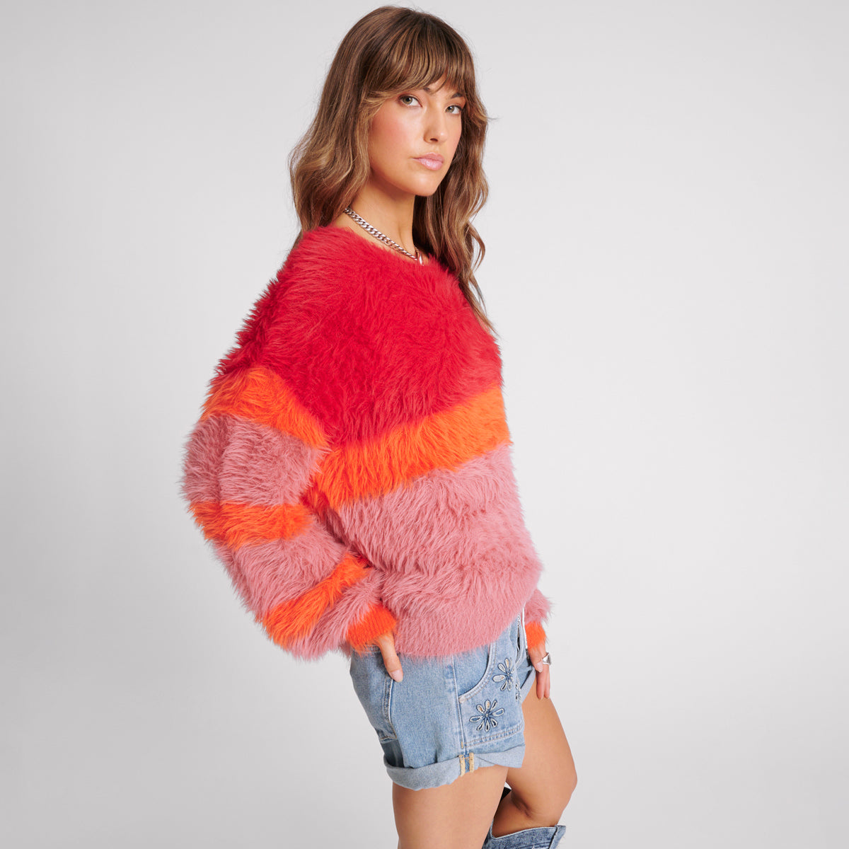FLUFFY COLOUR BLOCK SWEATER – SUNSET | ONE TEASPOON