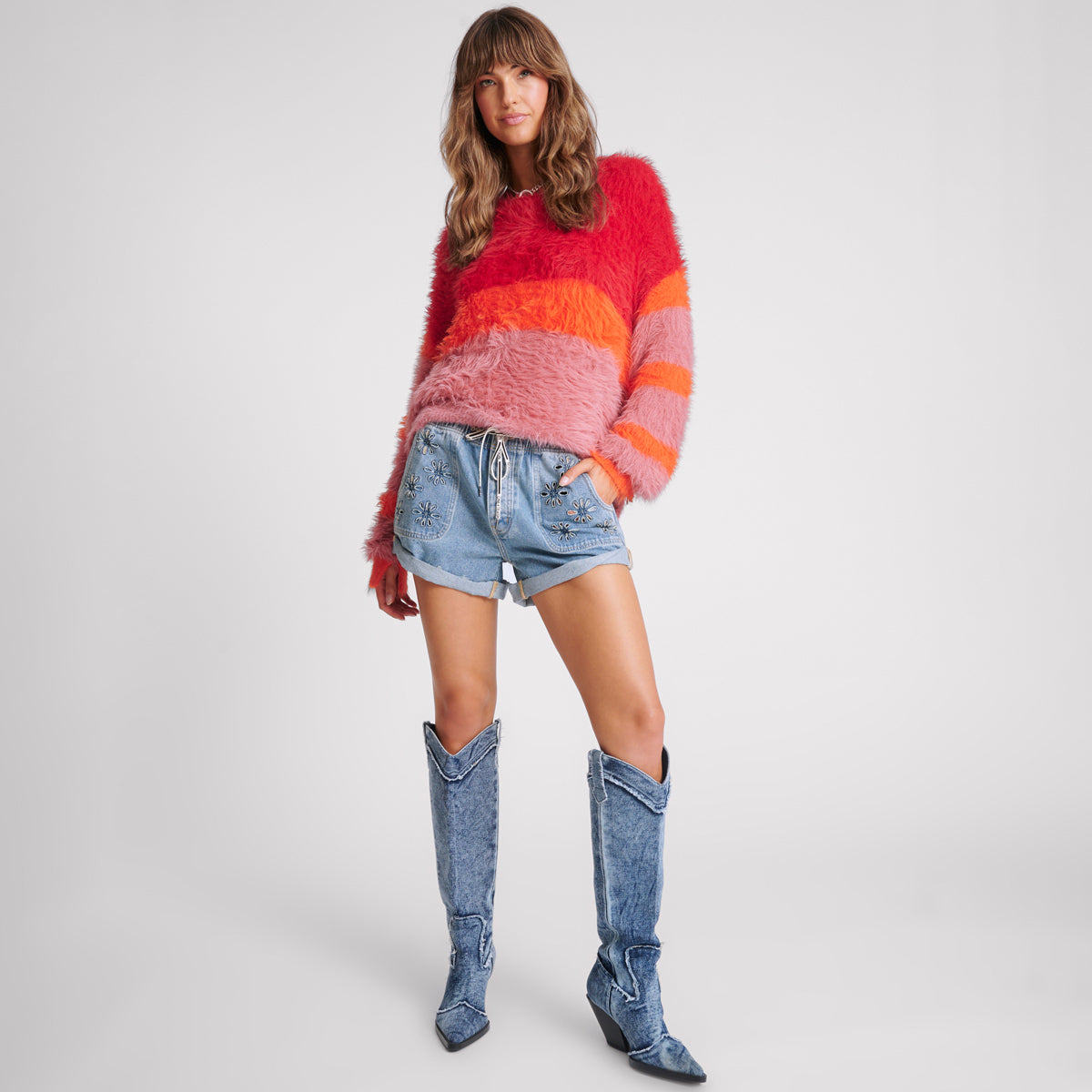 FLUFFY COLOUR BLOCK SWEATER – SUNSET | ONE TEASPOON