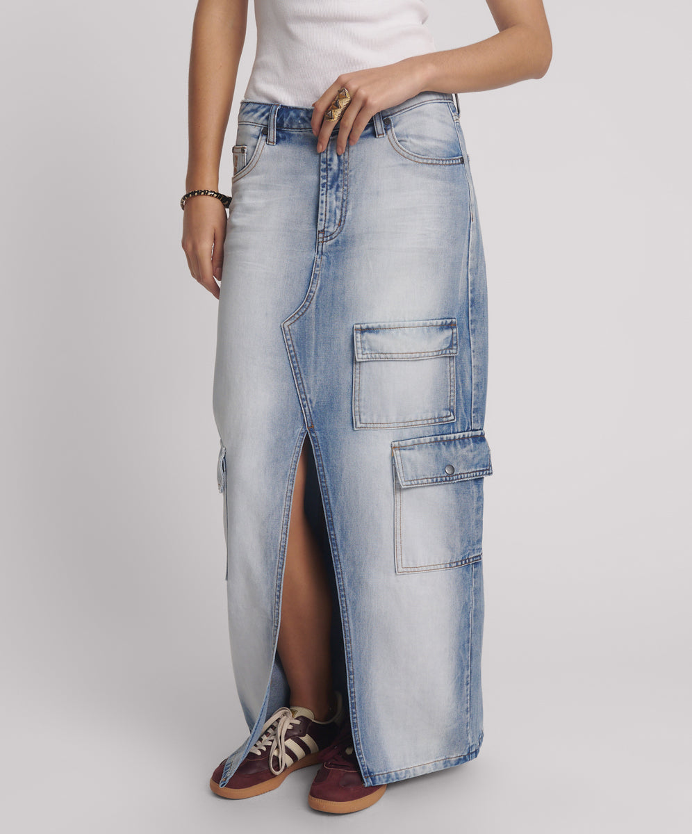 26787_Blue Summer | Epic Cargo Mid Waist Maxi Denim Skirt | Color:Blue Summer【ONE TEASPOON_ワンティースプーン】