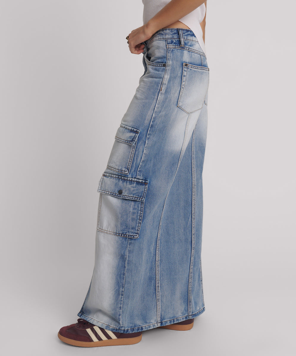 26787_Blue Summer | Epic Cargo Mid Waist Maxi Denim Skirt | Color:Blue Summer【ONE TEASPOON_ワンティースプーン】