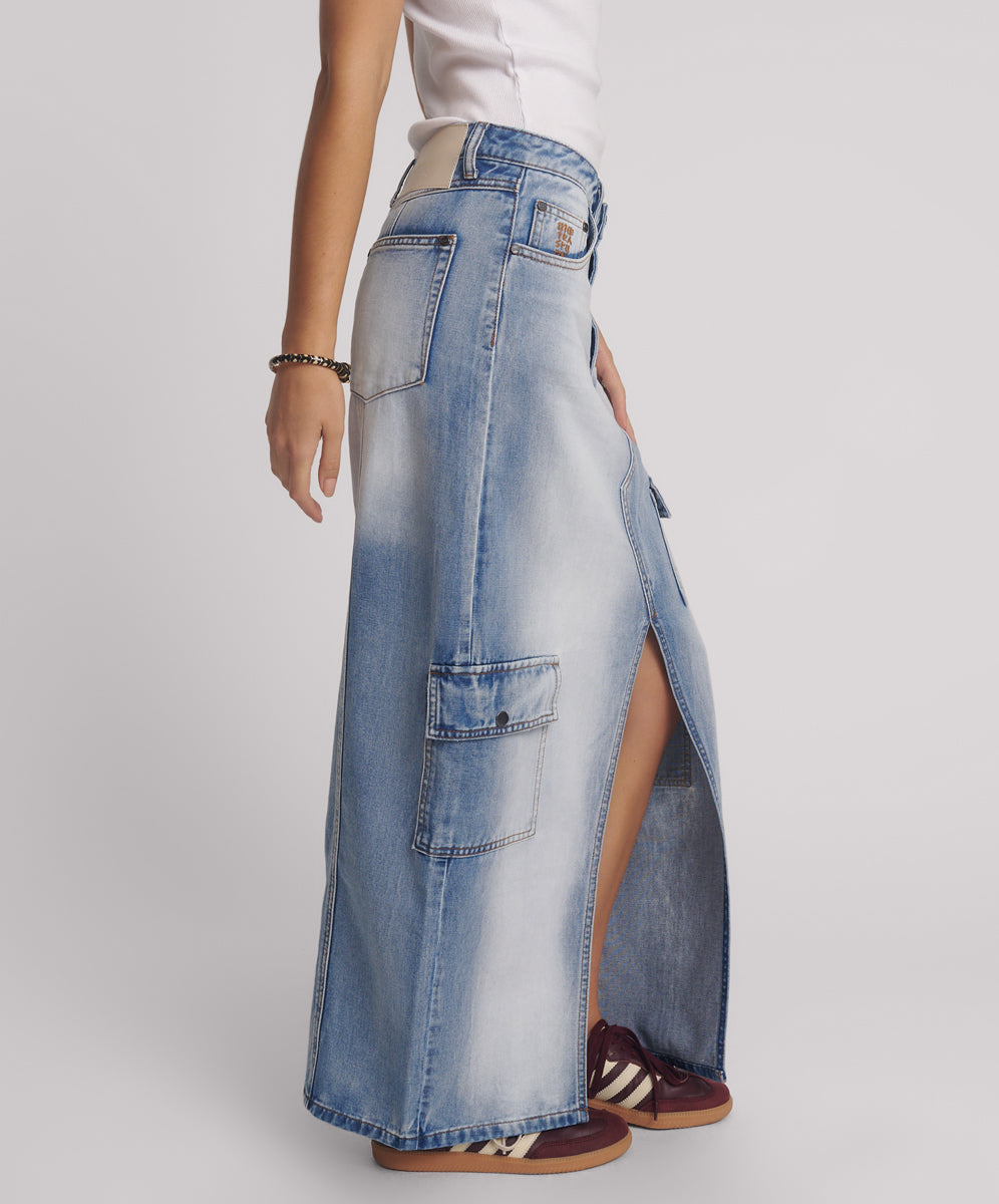 26787_Blue Summer | Epic Cargo Mid Waist Maxi Denim Skirt | Color:Blue Summer【ONE TEASPOON_ワンティースプーン】