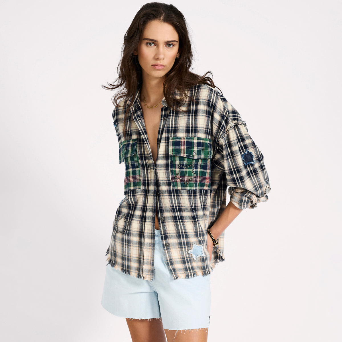 FLANNEL STAR STUDDED SHIRT | Color_Cream Blue Check | No_26977_cream blue check【ONE TEASPOON_ワンティースプーン】【入荷予定アイテム・入荷連絡可能】