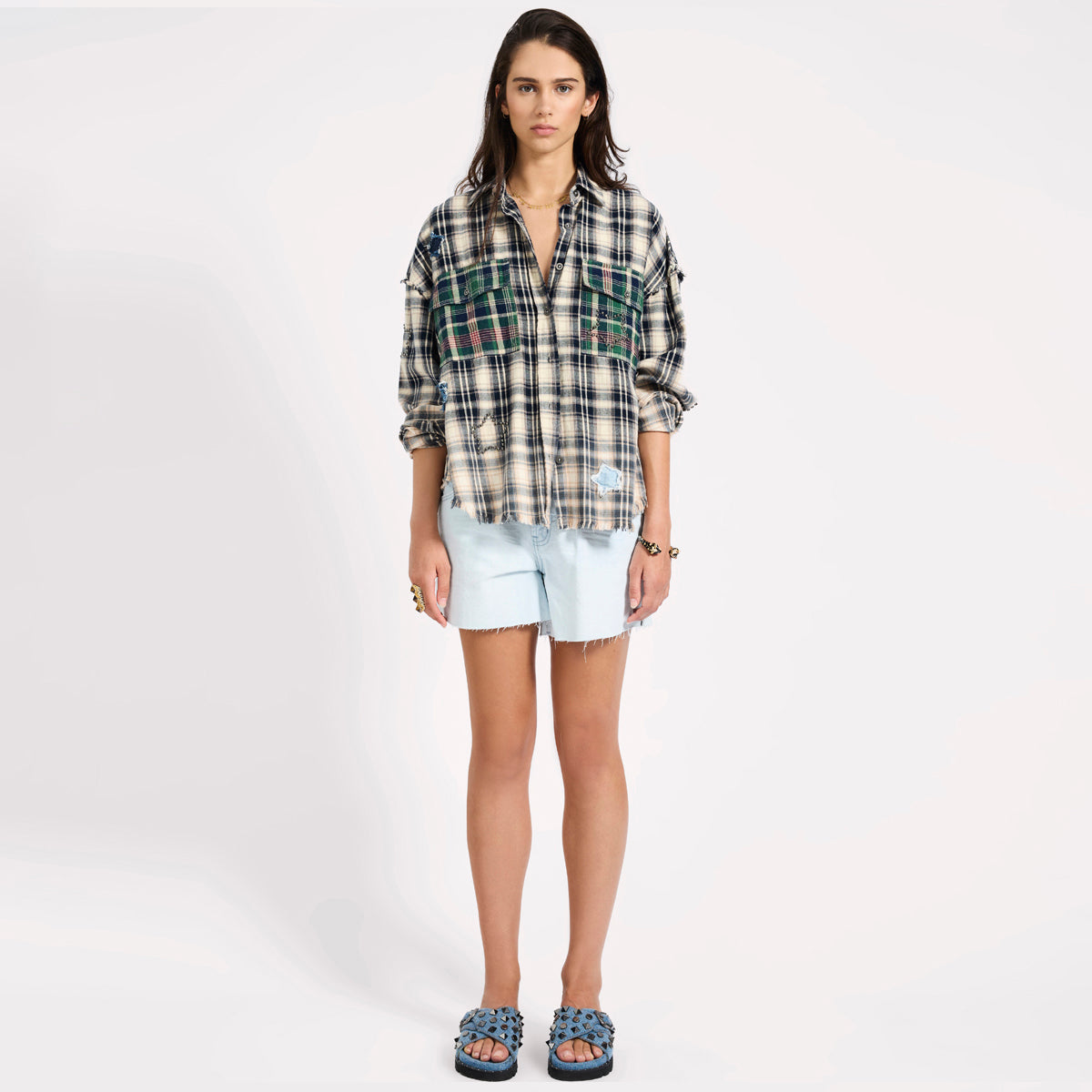 FLANNEL STAR STUDDED SHIRT | Color_Cream Blue Check | No_26977_cream blue check【ONE TEASPOON_ワンティースプーン】【入荷予定アイテム・入荷連絡可能】