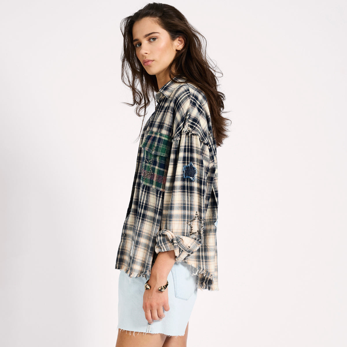 FLANNEL STAR STUDDED SHIRT | Color_Cream Blue Check | No_26977_cream blue check【ONE TEASPOON_ワンティースプーン】【入荷予定アイテム・入荷連絡可能】