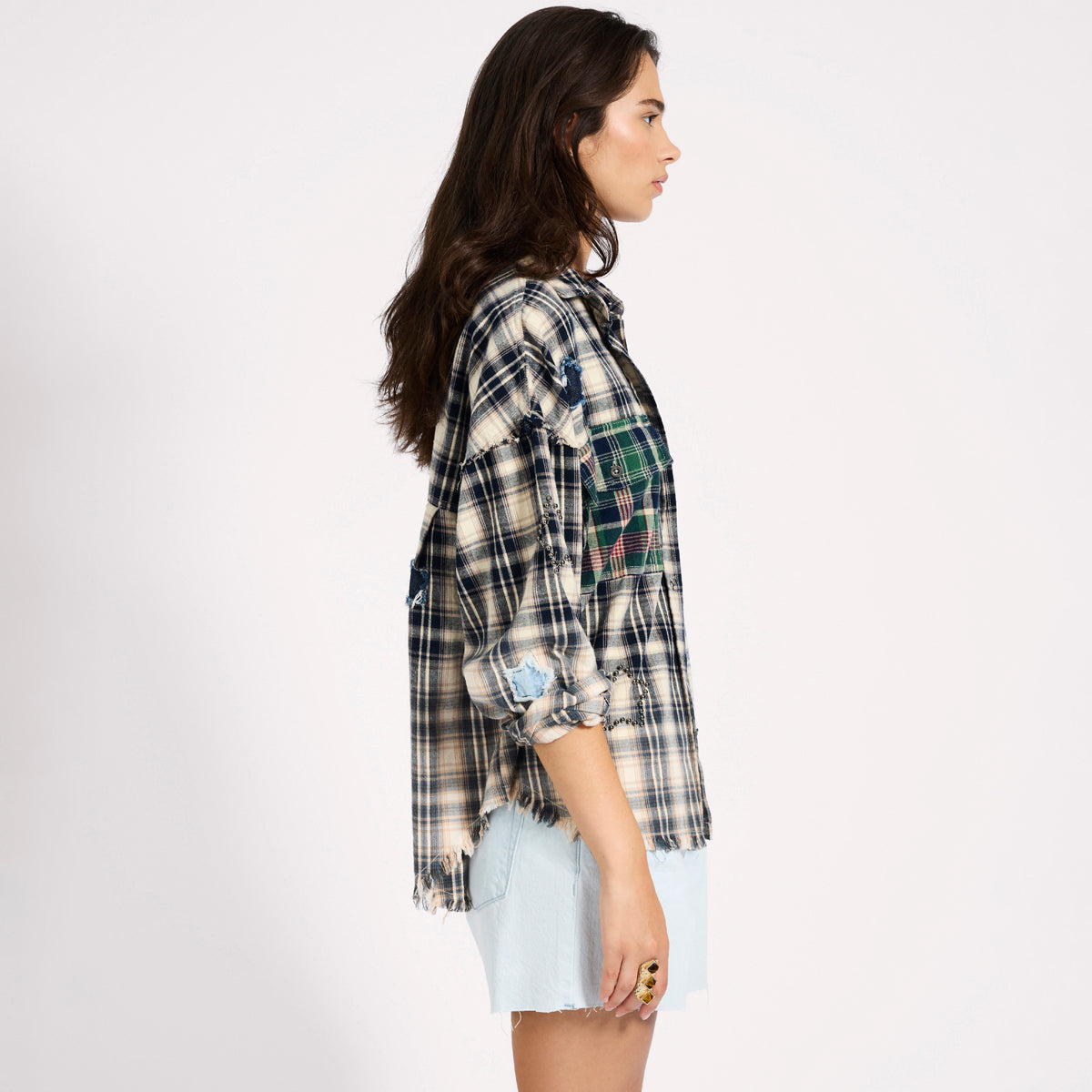 FLANNEL STAR STUDDED SHIRT | Color_Cream Blue Check | No_26977_cream blue check【ONE TEASPOON_ワンティースプーン】【入荷予定アイテム・入荷連絡可能】