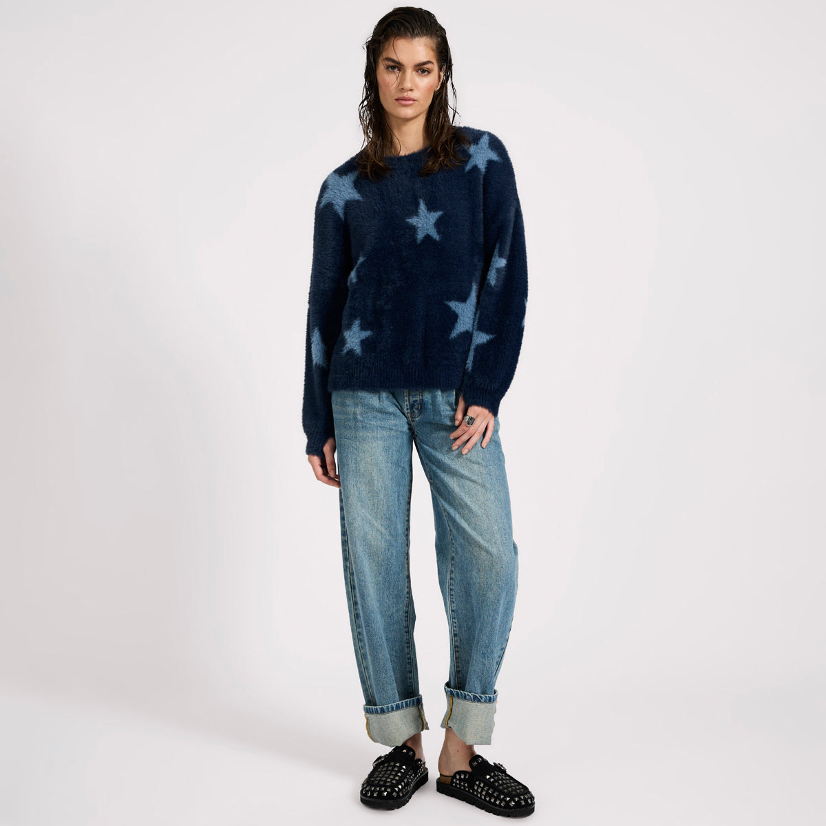 FLUFFY STAR LONGSLEEVE KNIT SWEATER | Color_Blue | No_27140a_blue【ONE TEASPOON_ワンティースプーン】【入荷予定アイテム・入荷連絡可能】