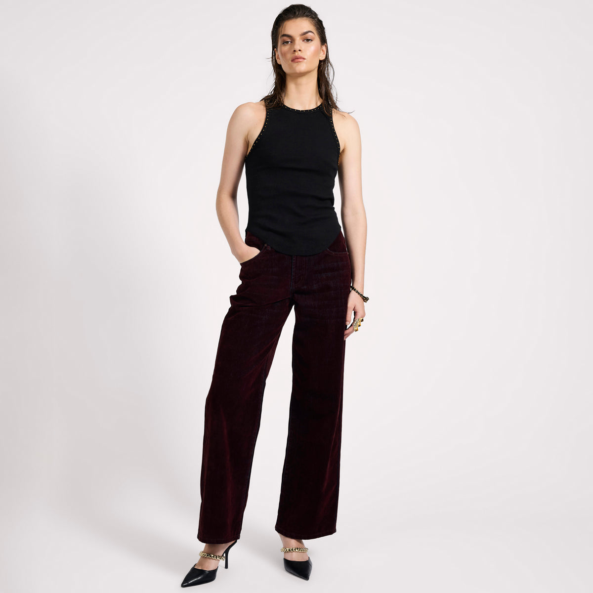 JACKSON MID WAIST WIDE LEG VELVET FINISH DENIM JEANS | Color_Flocked Maroon | No_27241_flocked maroon【ONE TEASPOON_ワンティースプーン】【入荷予定アイテム・入荷連絡可能】