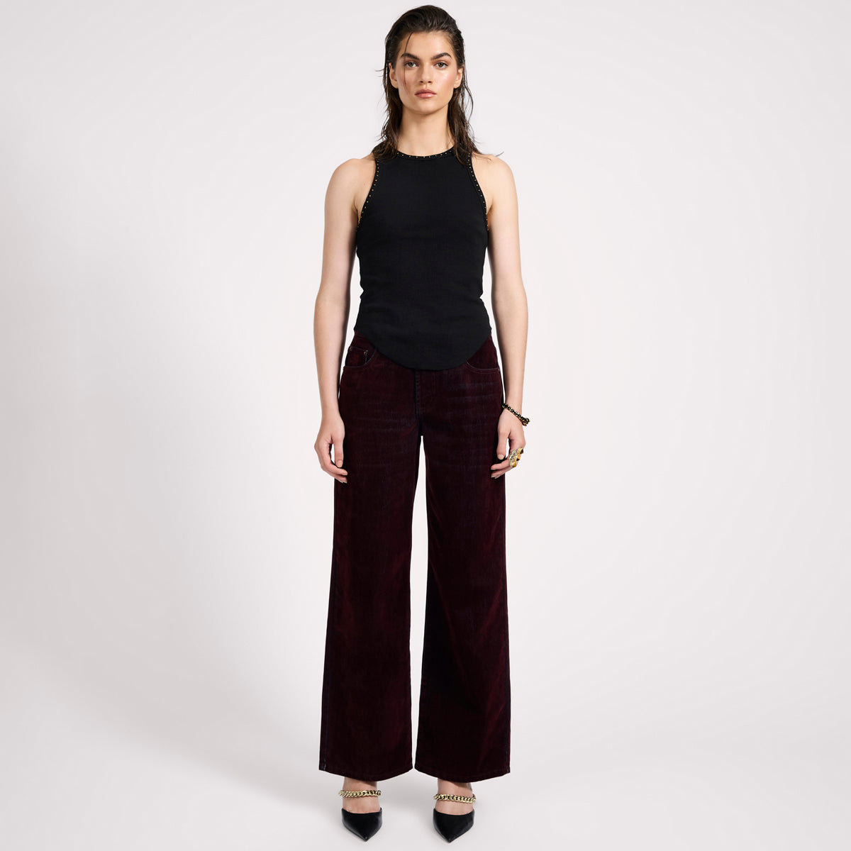 JACKSON MID WAIST WIDE LEG VELVET FINISH DENIM JEANS | Color_Flocked Maroon | No_27241_flocked maroon【ONE TEASPOON_ワンティースプーン】【入荷予定アイテム・入荷連絡可能】