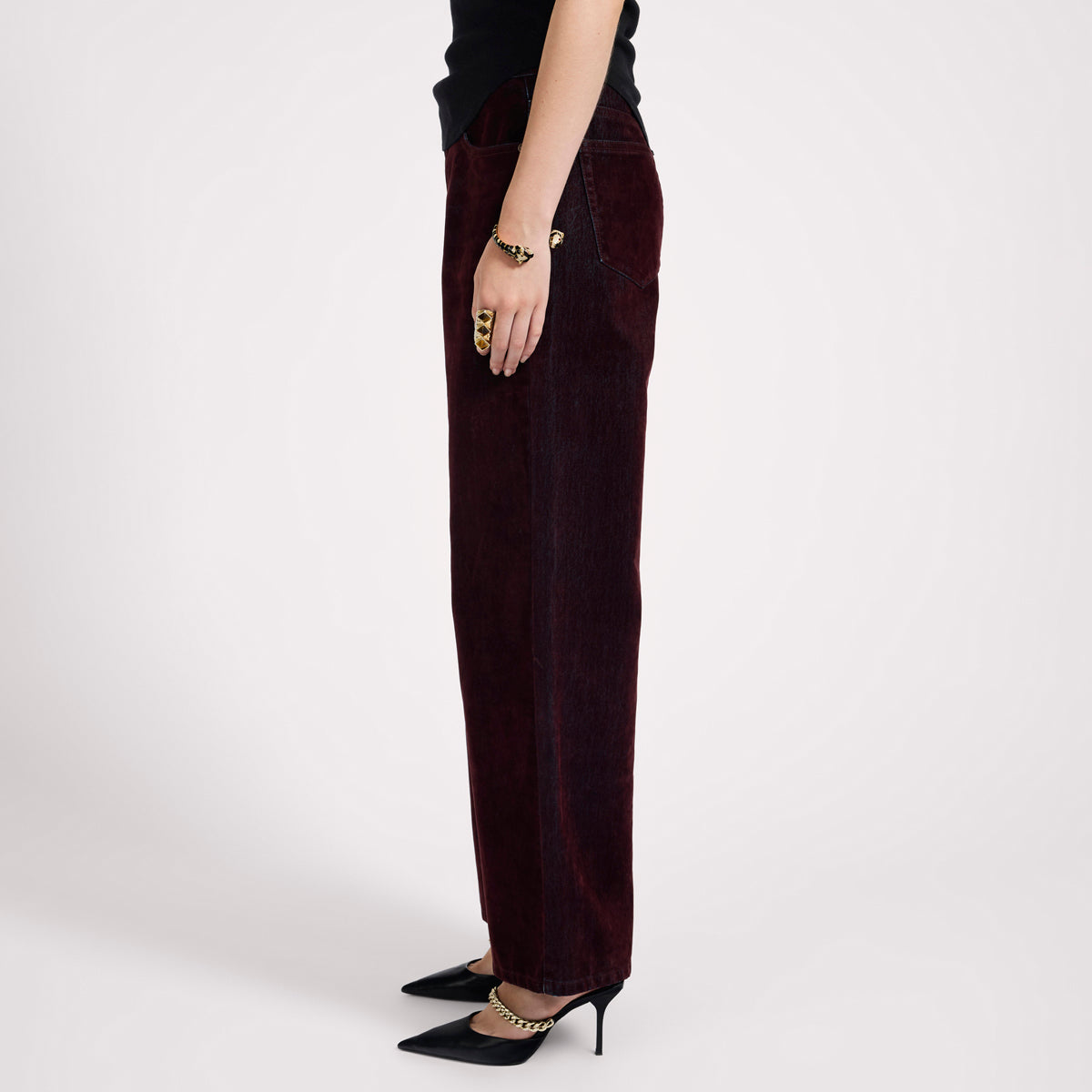 JACKSON MID WAIST WIDE LEG VELVET FINISH DENIM JEANS | Color_Flocked Maroon | No_27241_flocked maroon【ONE TEASPOON_ワンティースプーン】【入荷予定アイテム・入荷連絡可能】
