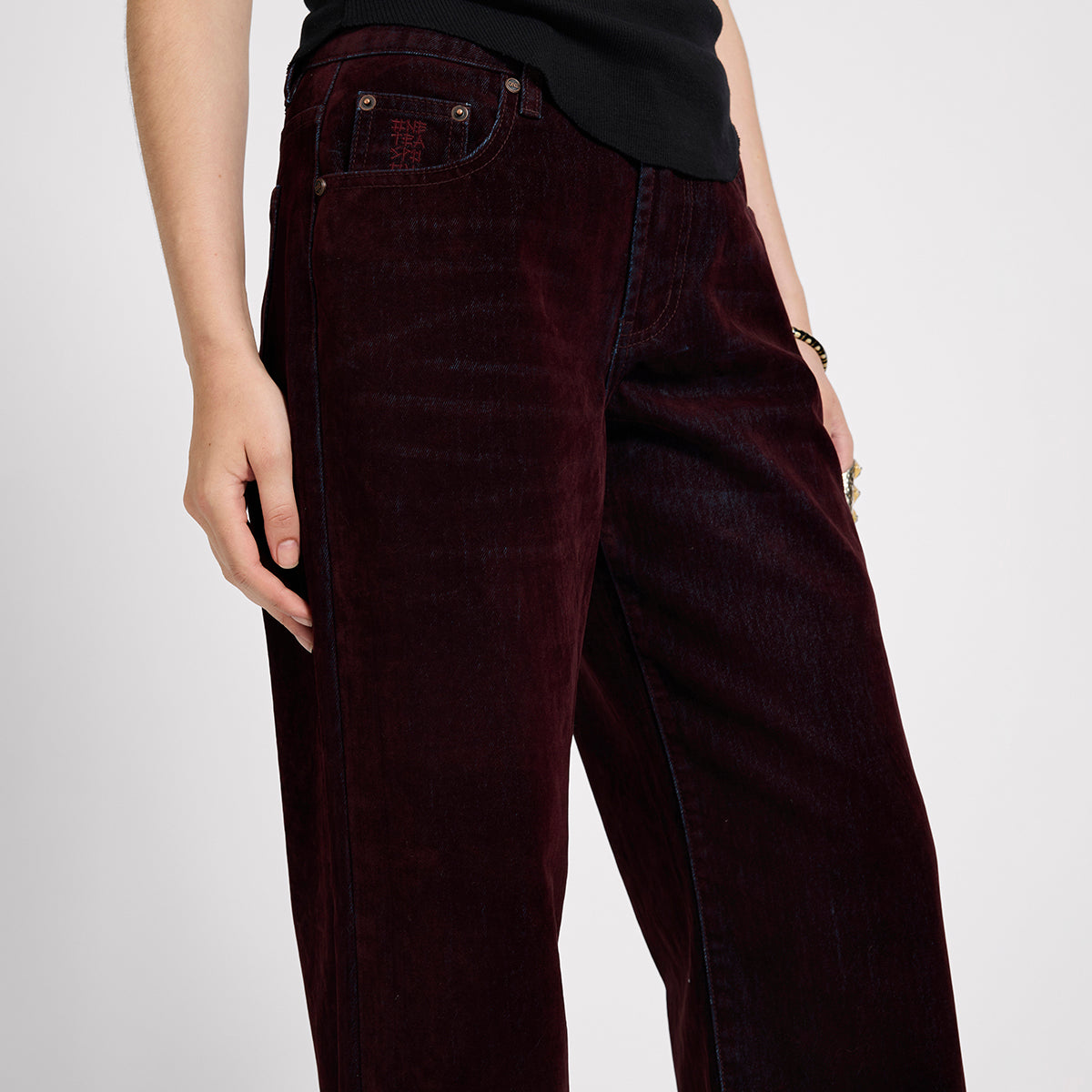 JACKSON MID WAIST WIDE LEG VELVET FINISH DENIM JEANS | Color_Flocked Maroon | No_27241_flocked maroon【ONE TEASPOON_ワンティースプーン】【入荷予定アイテム・入荷連絡可能】