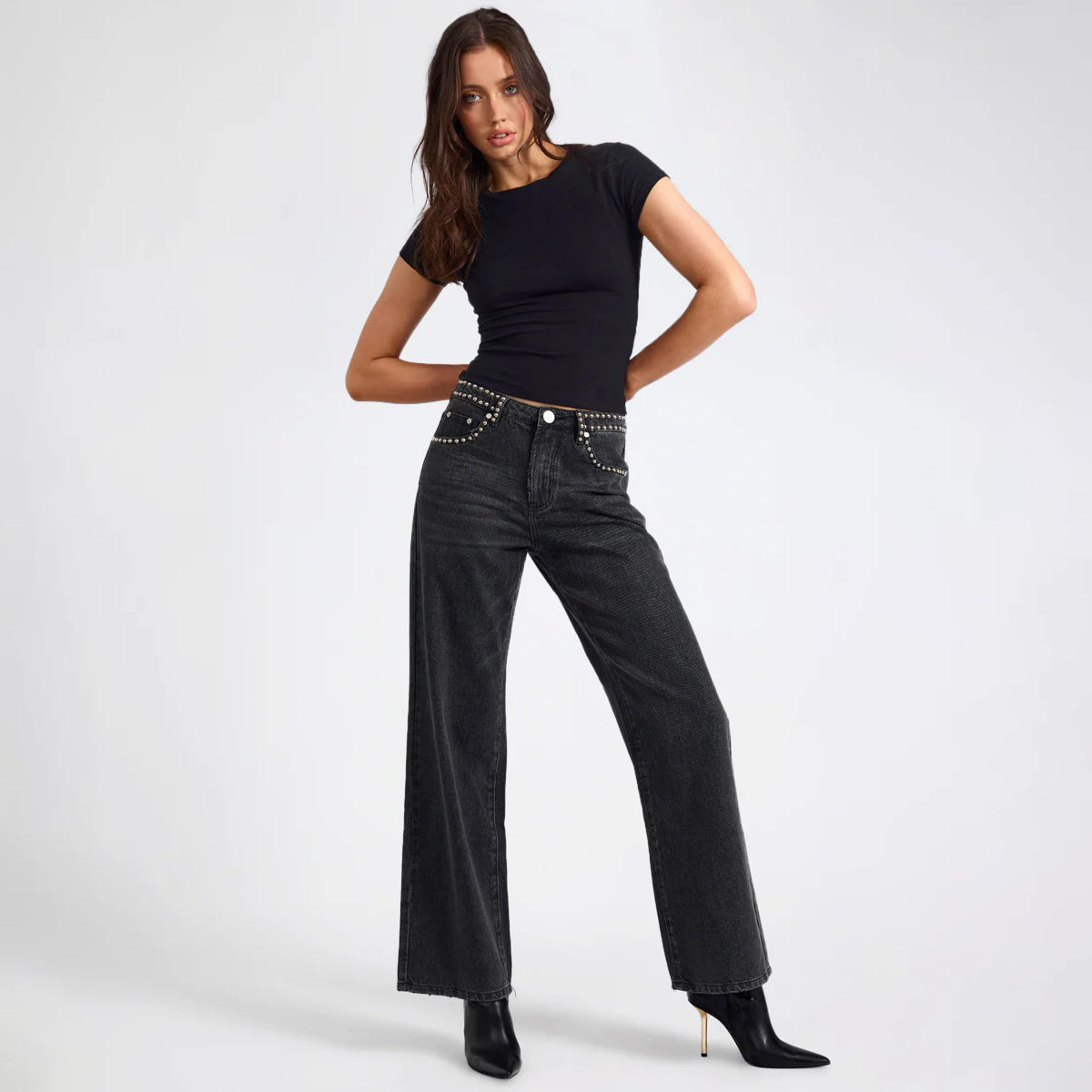 JACKSON MID WAIST WIDE LEG STUDDED DENIM JEANS | Color_Black | No_27262_Black【ONE TEASPOON_ワンティースプーン】