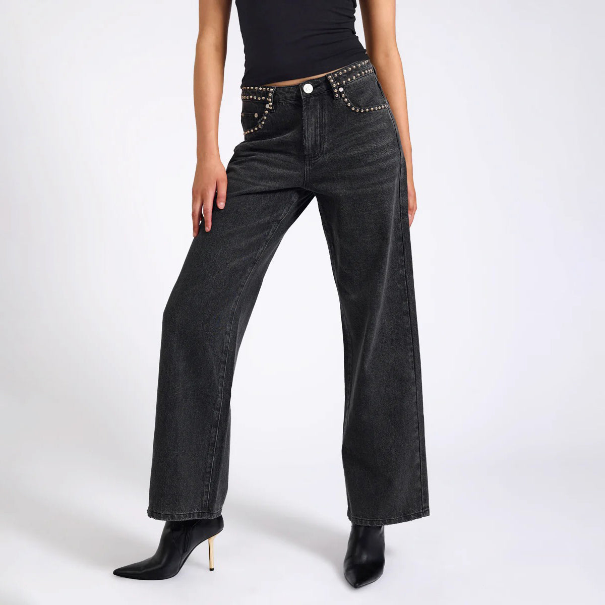 JACKSON MID WAIST WIDE LEG STUDDED DENIM JEANS | Color_Black | No_27262_Black【ONE TEASPOON_ワンティースプーン】