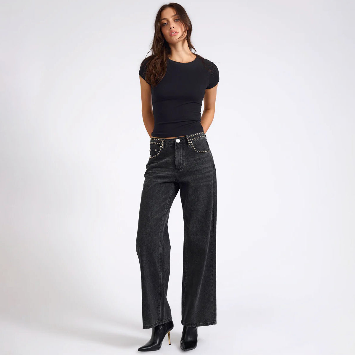 JACKSON MID WAIST WIDE LEG STUDDED DENIM JEANS | Color_Black | No_27262_Black【ONE TEASPOON_ワンティースプーン】