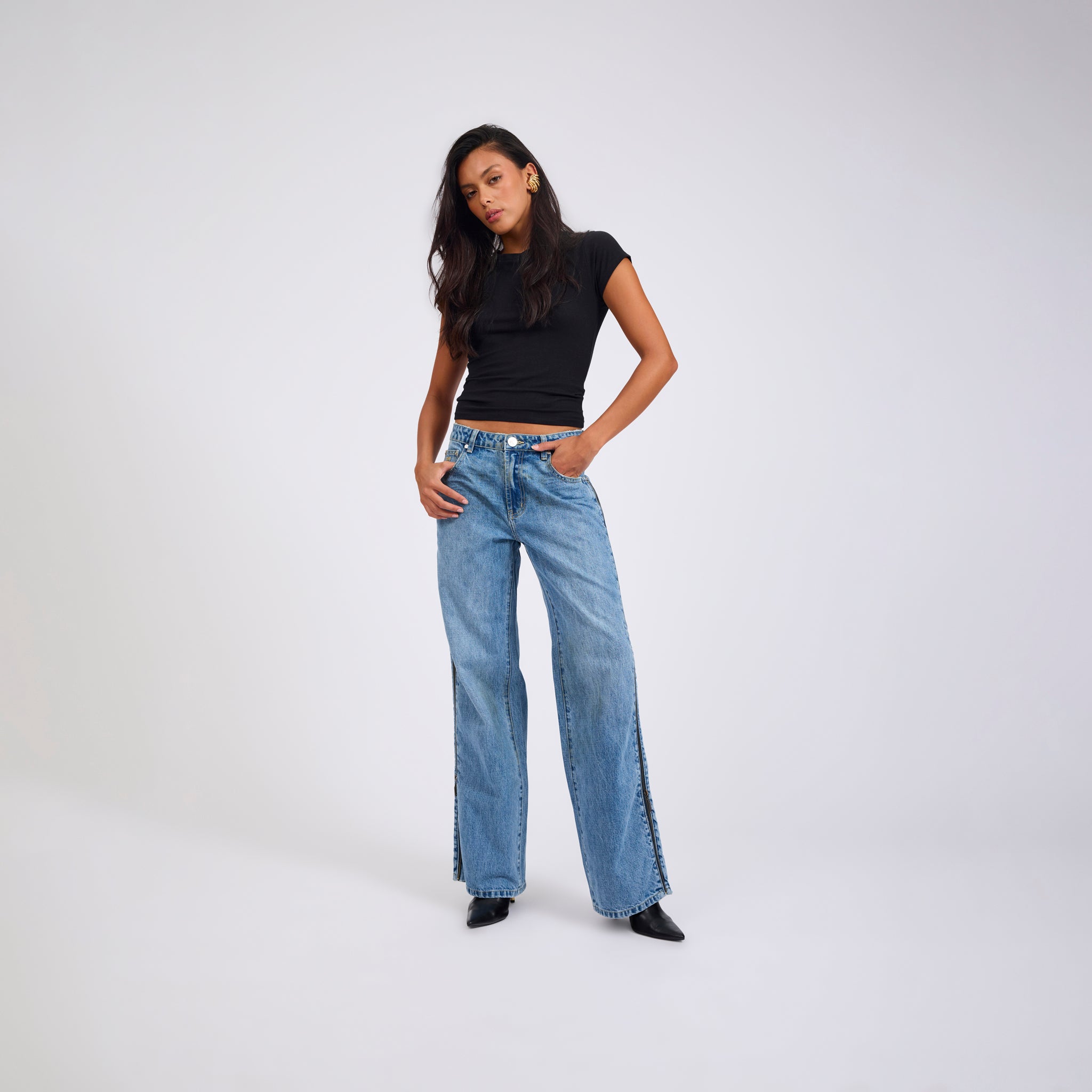 LOW RIDERS LOW WAIST WIDE LEG ZIPPED DENIM JEANS | Color_Pretty Blue | No_27302_Pretty Blue【ONE TEASPOON_ワンティースプーン】