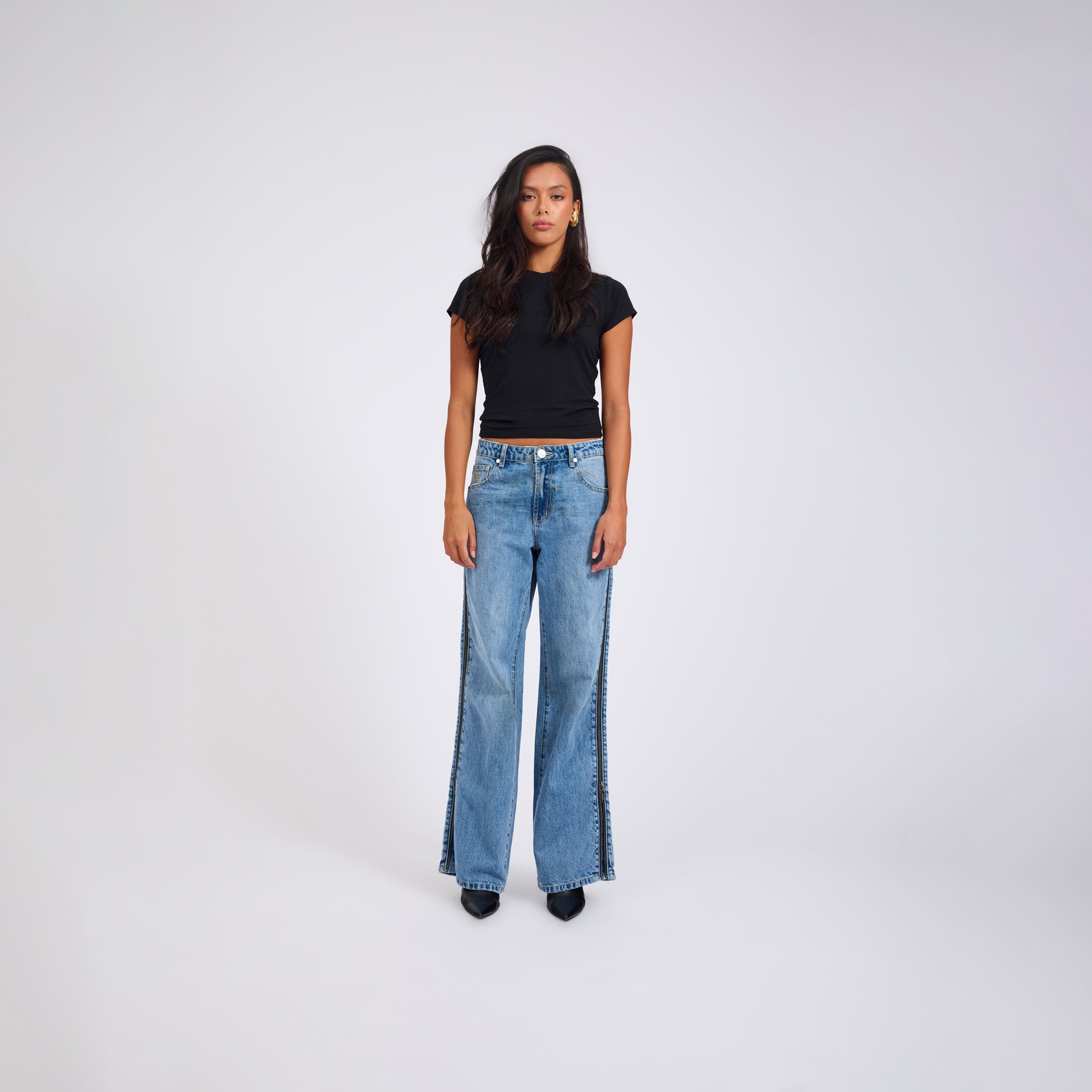 LOW RIDERS LOW WAIST WIDE LEG ZIPPED DENIM JEANS | Color_Pretty Blue | No_27302_Pretty Blue【ONE TEASPOON_ワンティースプーン】