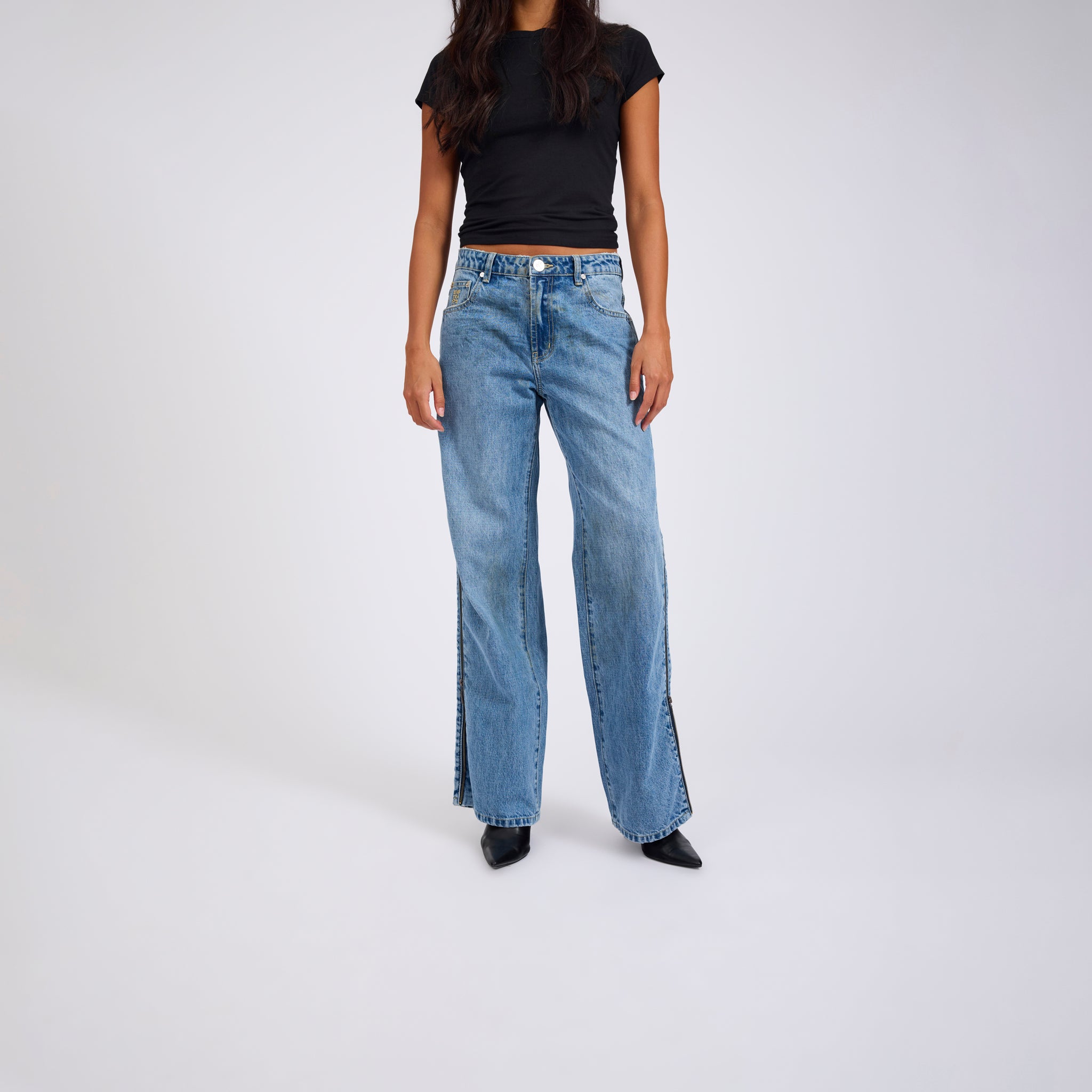 LOW RIDERS LOW WAIST WIDE LEG ZIPPED DENIM JEANS | Color_Pretty Blue | No_27302_Pretty Blue【ONE TEASPOON_ワンティースプーン】