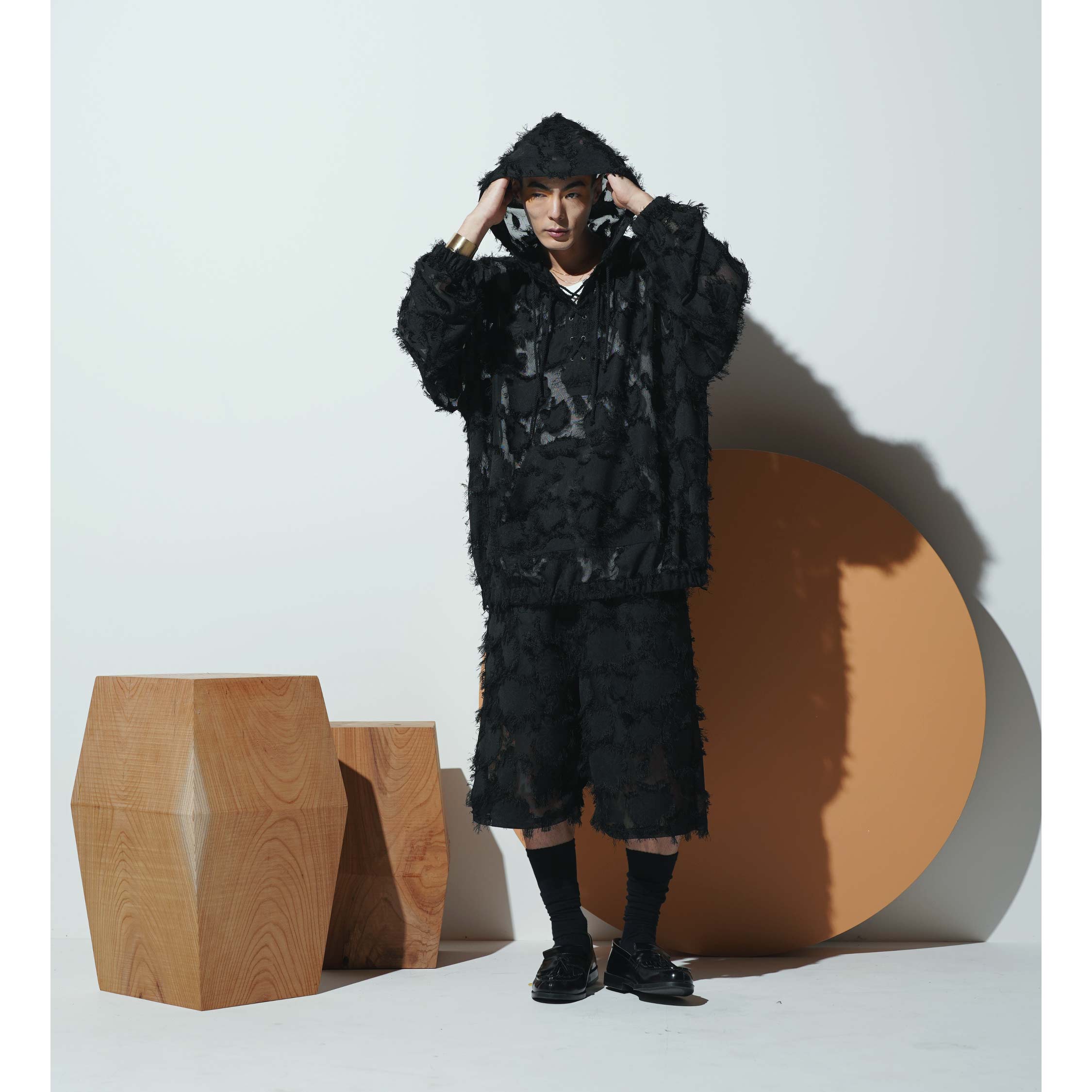 Fringe Jacquard Lace-up Sheer Pull Parka | Color:Black【APHLOTUS_アプロタス】 | 217630_100_black