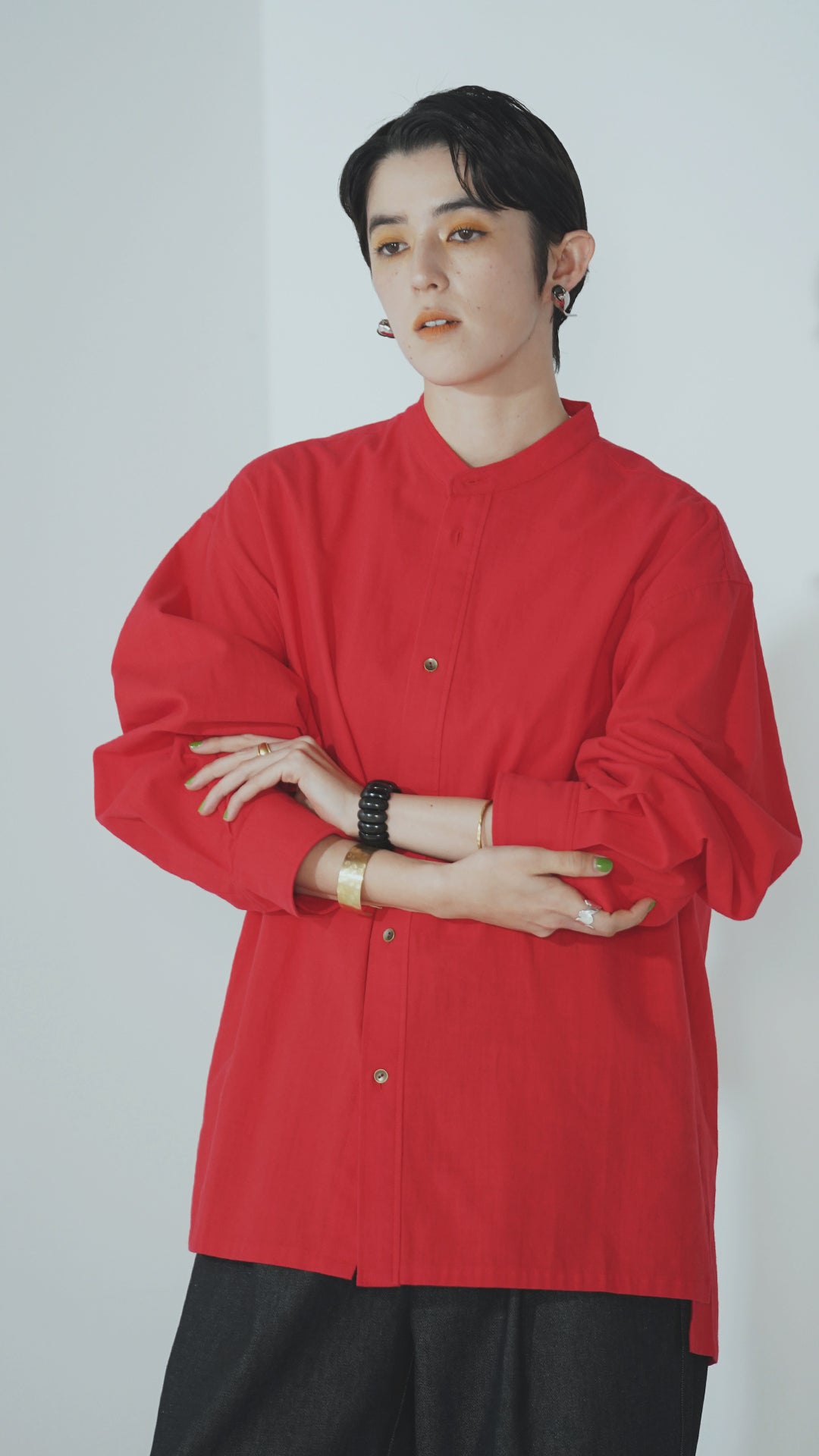 Side Slit Stand Collar Semi-Long Over Shirt | Color:Red【APHLOTUS_アプロタス】 | 217645_180_red