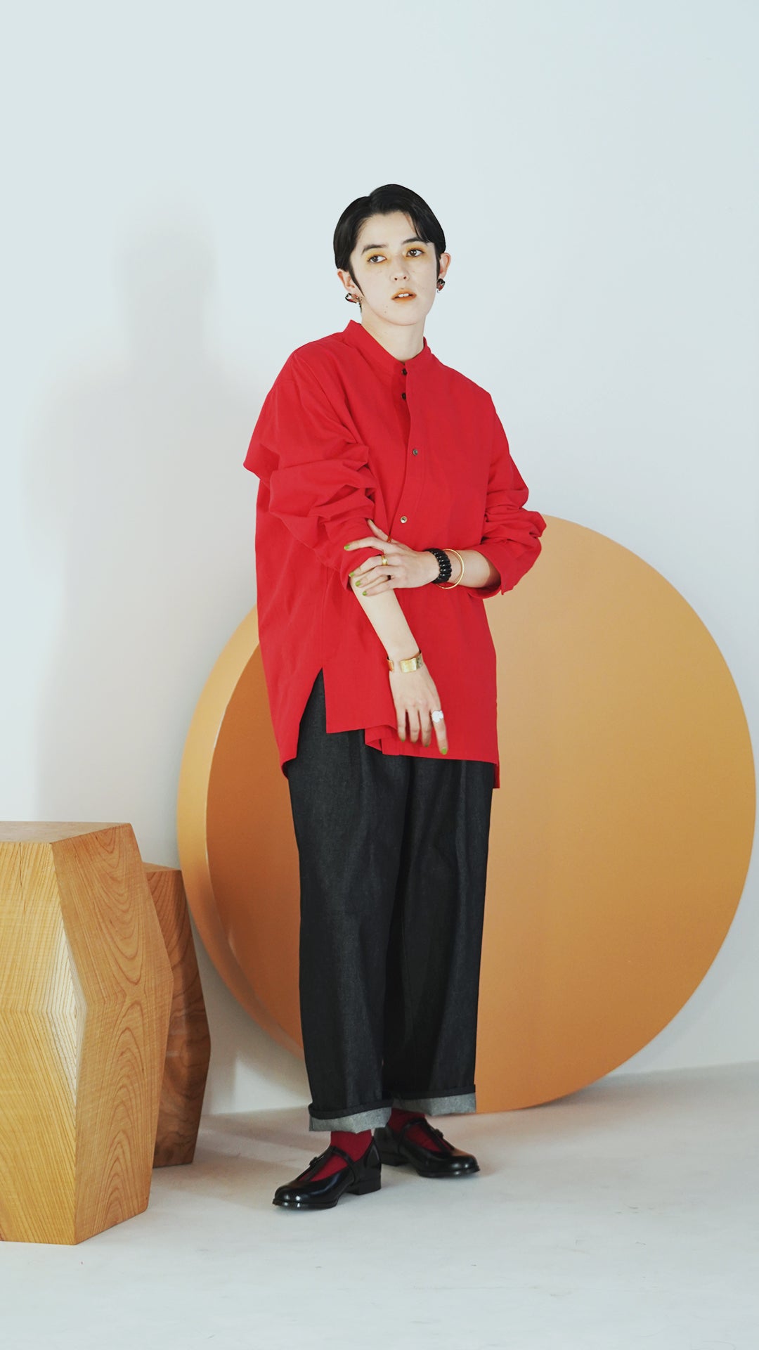 Side Slit Stand Collar Semi-Long Over Shirt | Color:Red【APHLOTUS_アプロタス】 | 217645_180_red