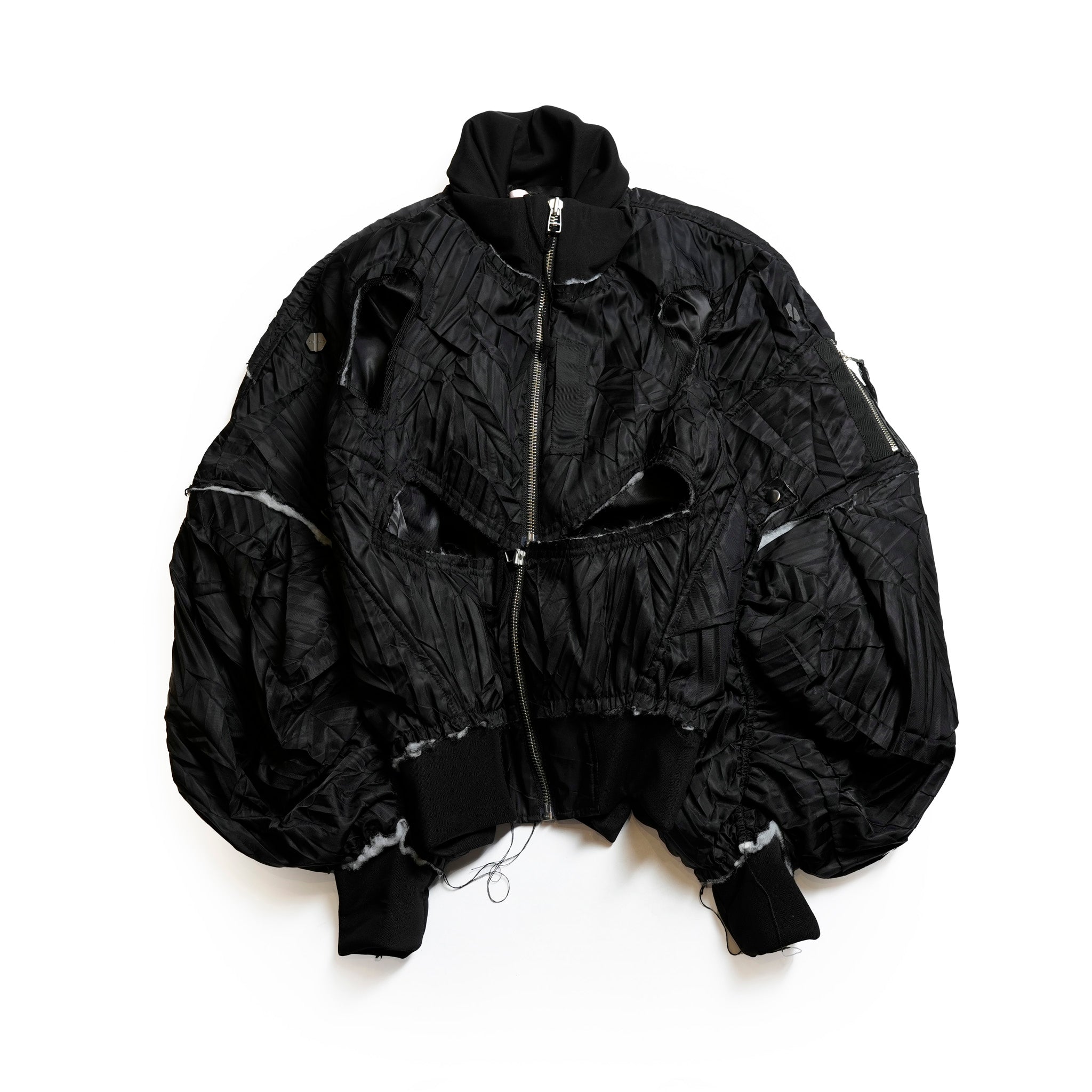 Seivson Deconstructed Hollow-Out Ruched Heavy-Processed MA-1 Bomber Jacket ㄧ Black | Size:Free【(A)CRYPSIS®】【archive】【SEIVSON_セイヴソン】【archive】