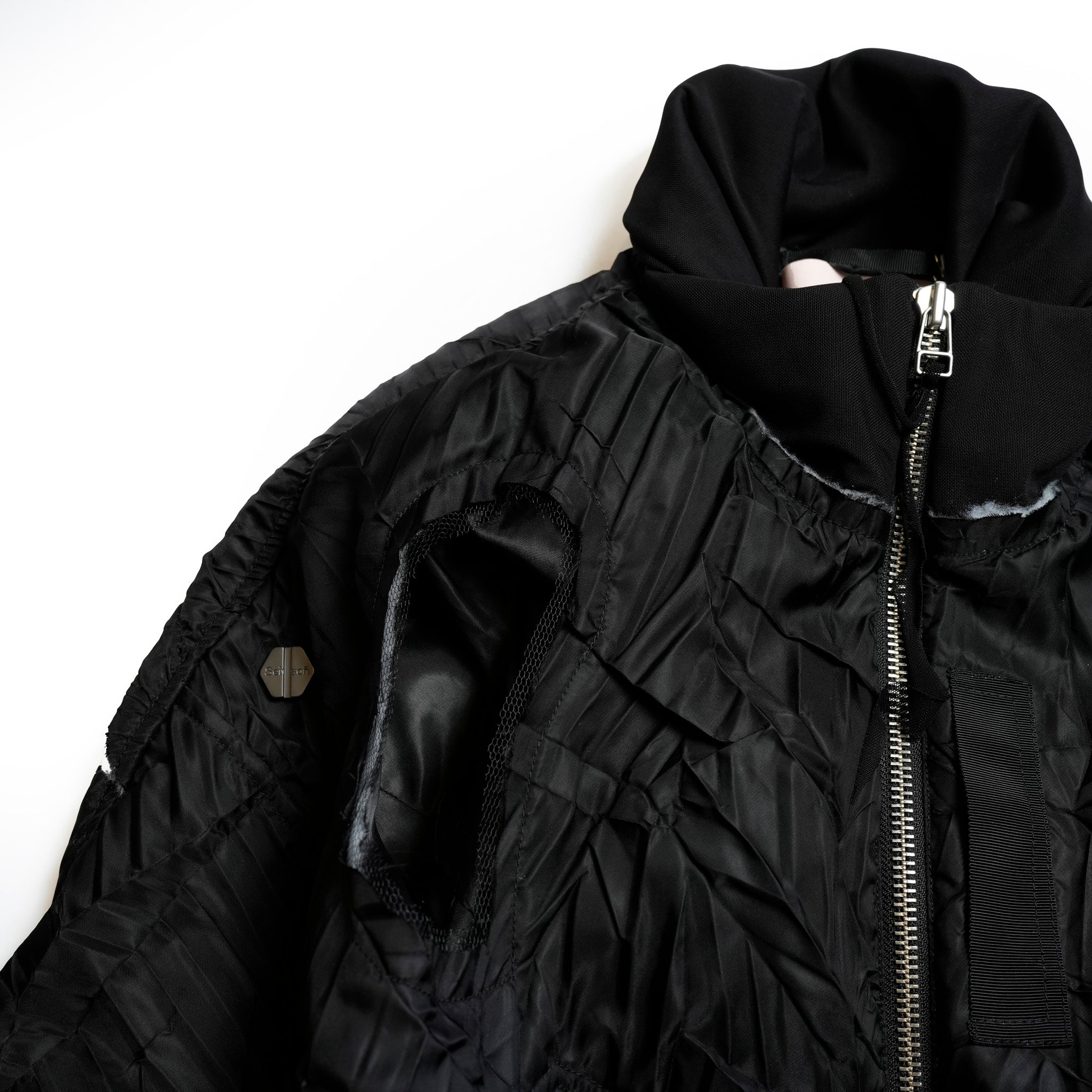 Seivson Deconstructed Hollow-Out Ruched Heavy-Processed MA-1 Bomber Jacket ㄧ Black | Size:Free【(A)CRYPSIS®】【archive】【SEIVSON_セイヴソン】【archive】