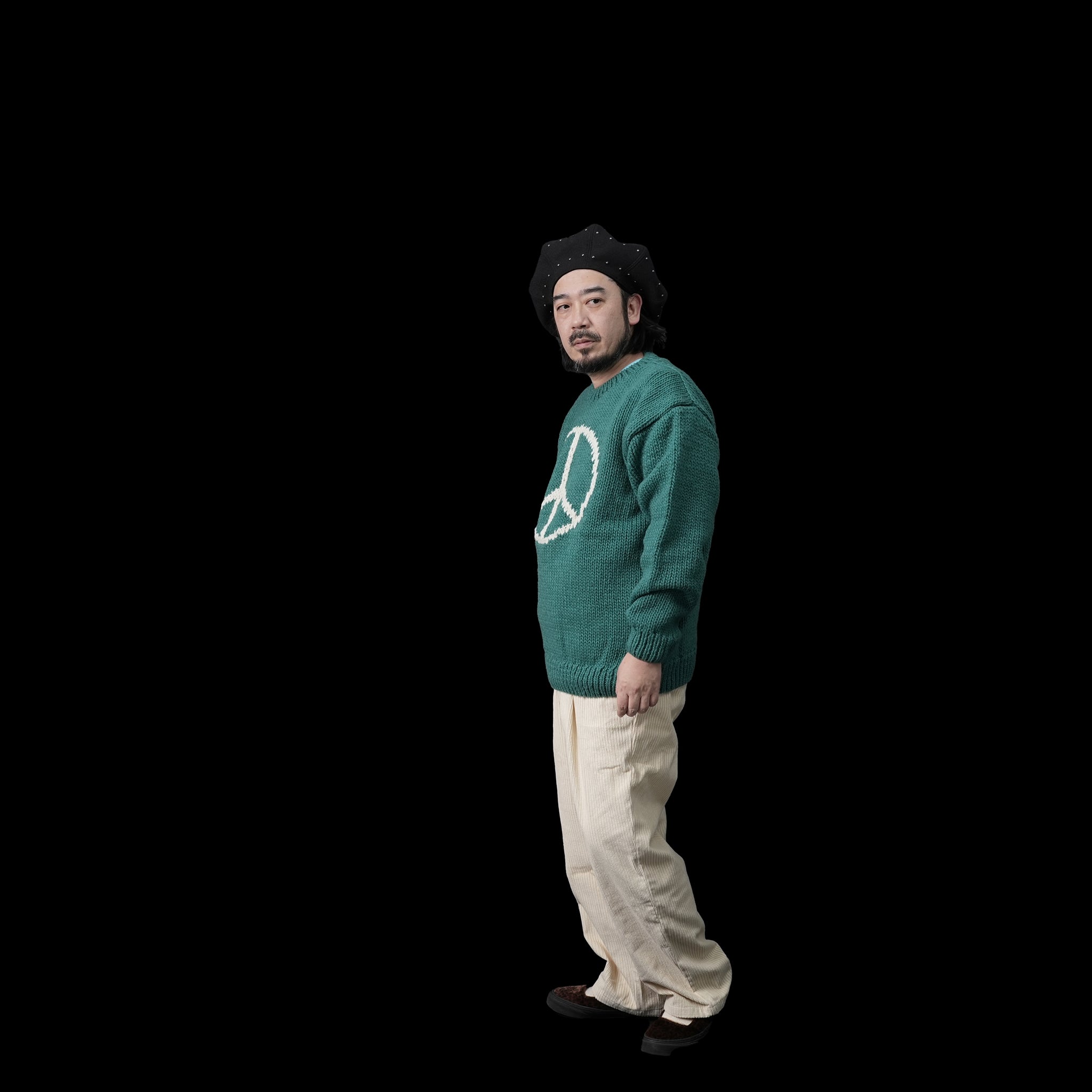 tl23f002b | peace hand knit crew | Color:Green【THRIFTY LOOK_スリフティールック】