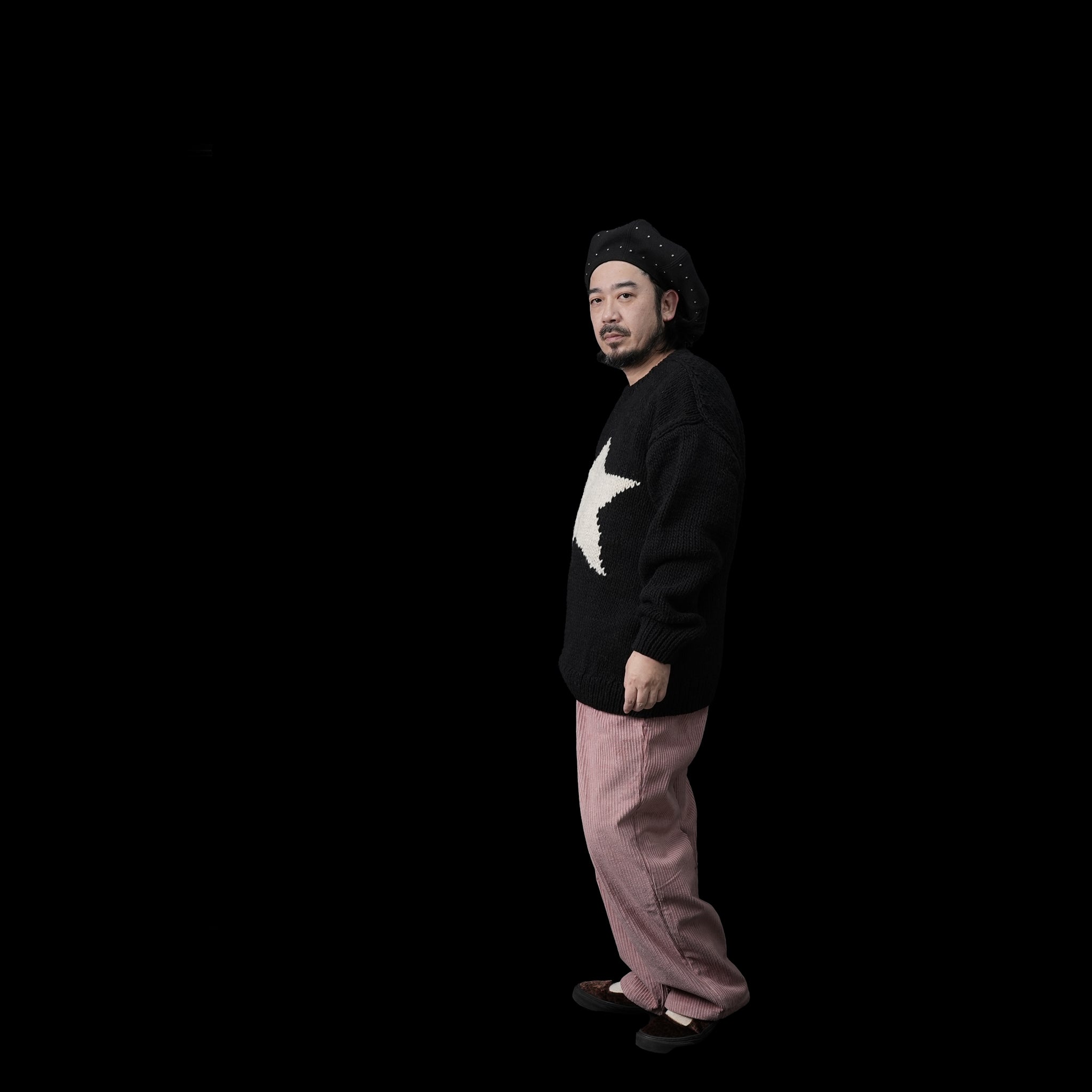 No:tl23f001 | Name:star hand knit crew | Color:Black【THRIFTY LOOK_スリフティールック】