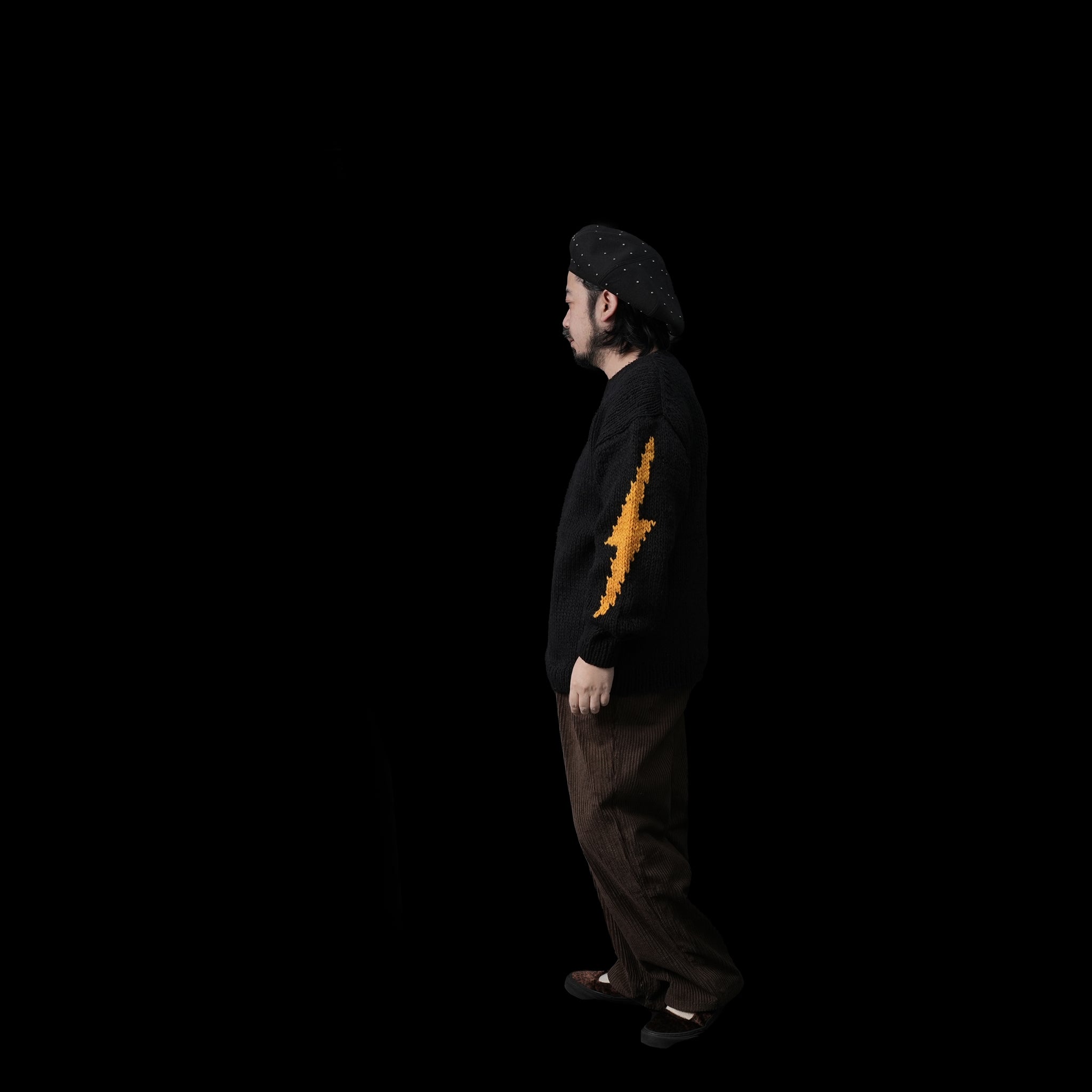 No:tl23f003a | Name:lightning hand knit crew | Color:Black【THRIFTY LOOK_スリフティールック】