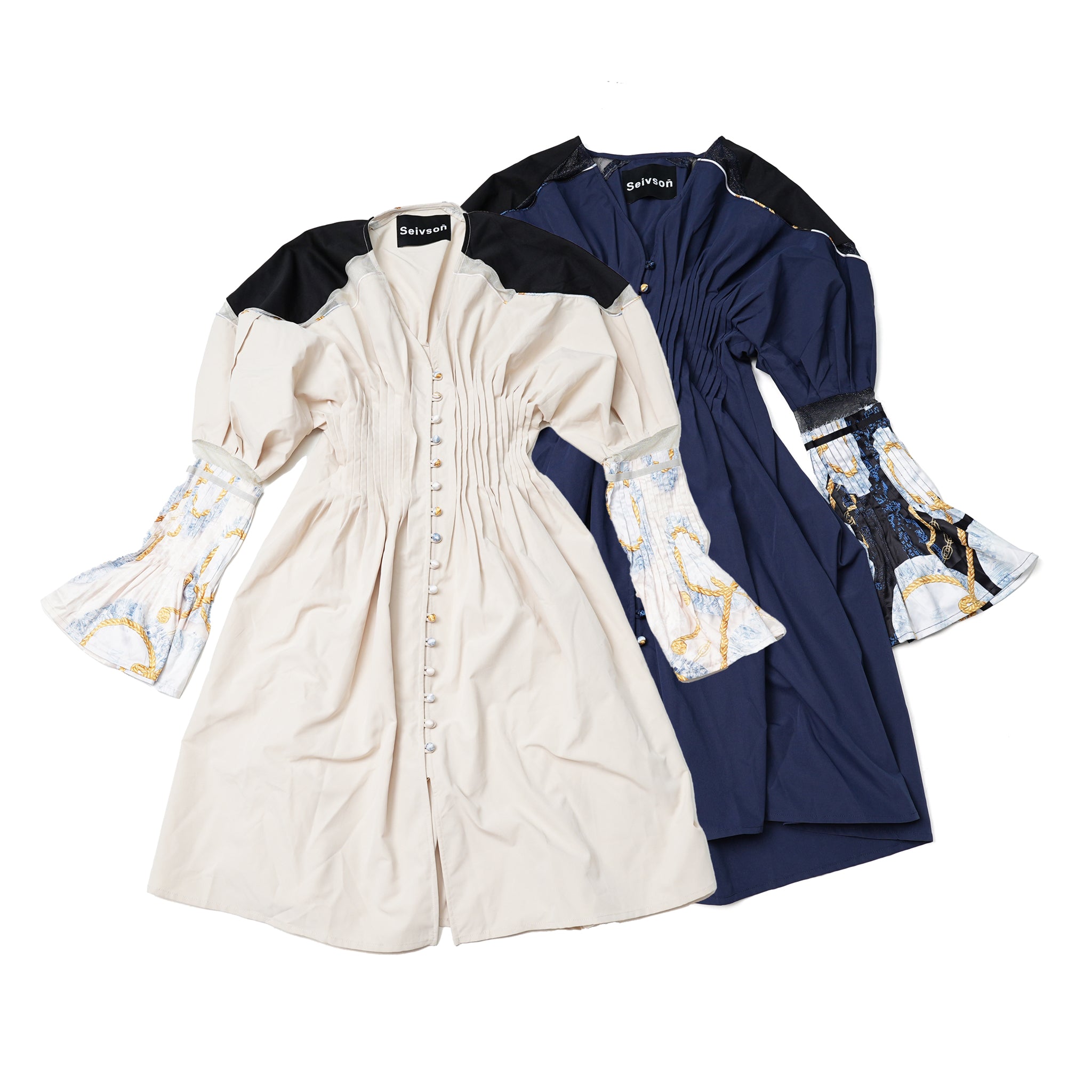 SNS23-T01-Beige | Lace plate long sleeve dress | Color:Beige/Blue | Size:(S)/(M)【SEIVSON_セイブソン】【archive】