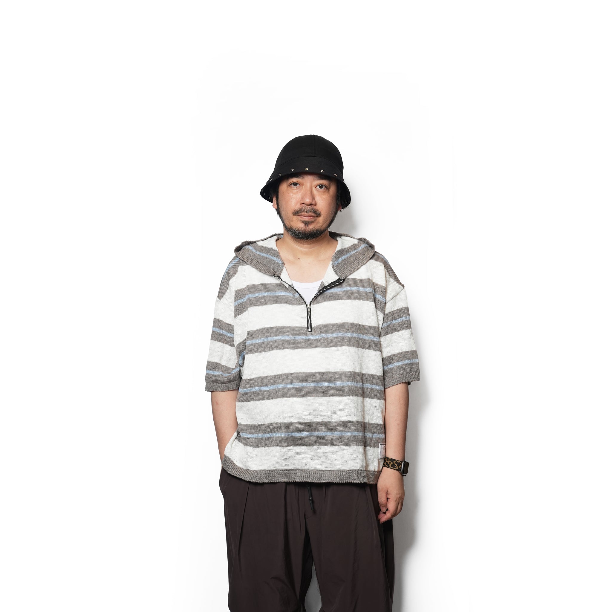 Slab knit border half zip hoodie – Gray×Sax | EFFECTEN