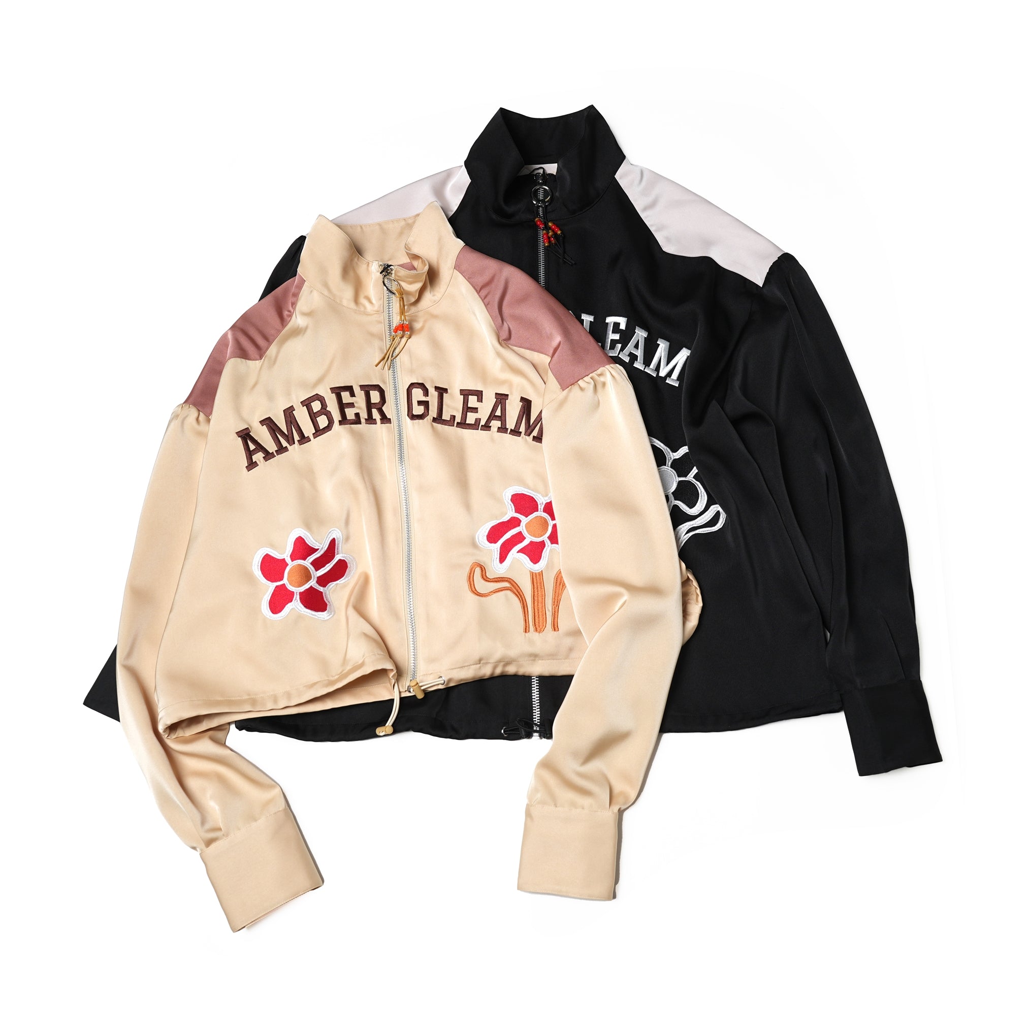 Embroidered Satin Blouson 刺繍サテンブルゾン – Black / Honey | Size:Short / Medium | AMBERGLEAM