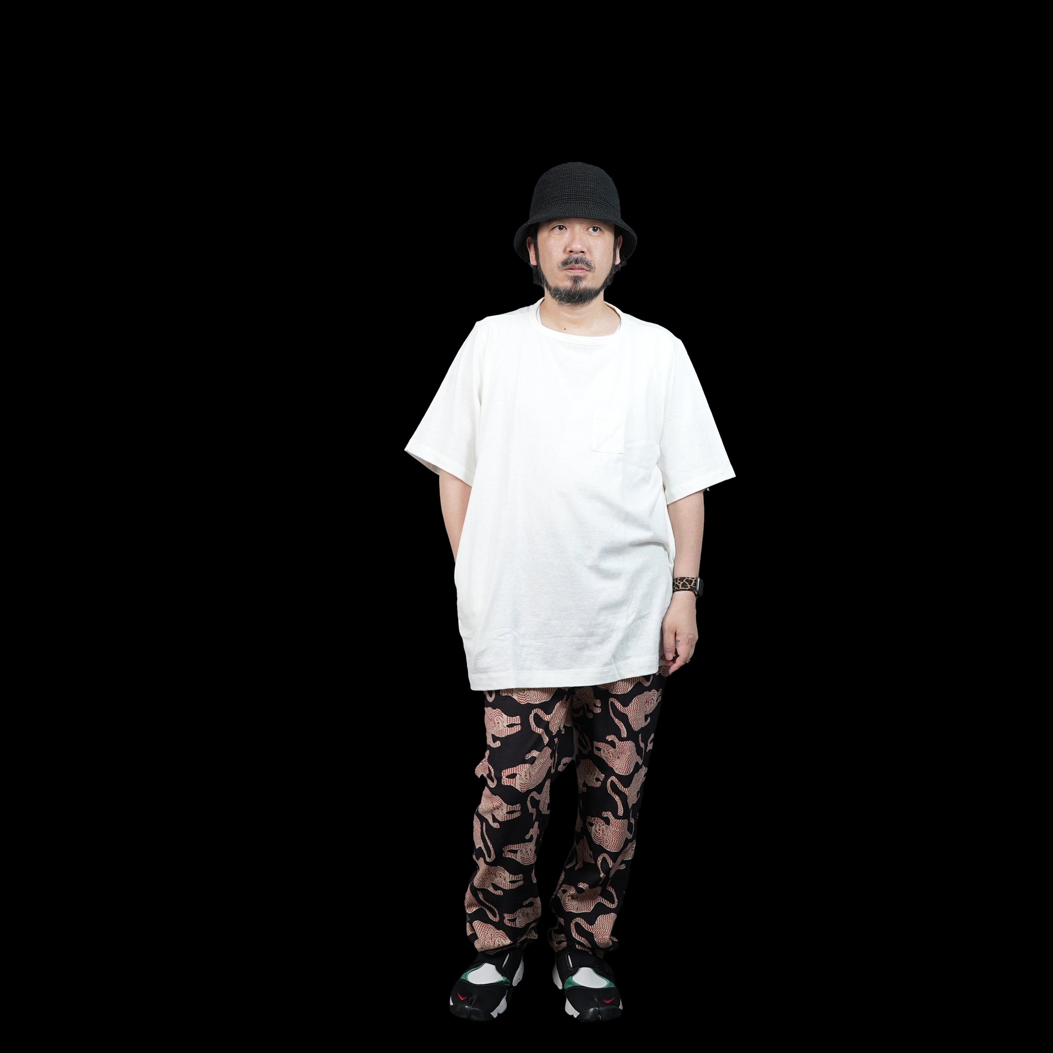 No:HUE-04 | Name:3 Pockets T-Shirt / Middle Length | Color:White/Black | Size:Free【Big P Product】【ネコポス選択可能】