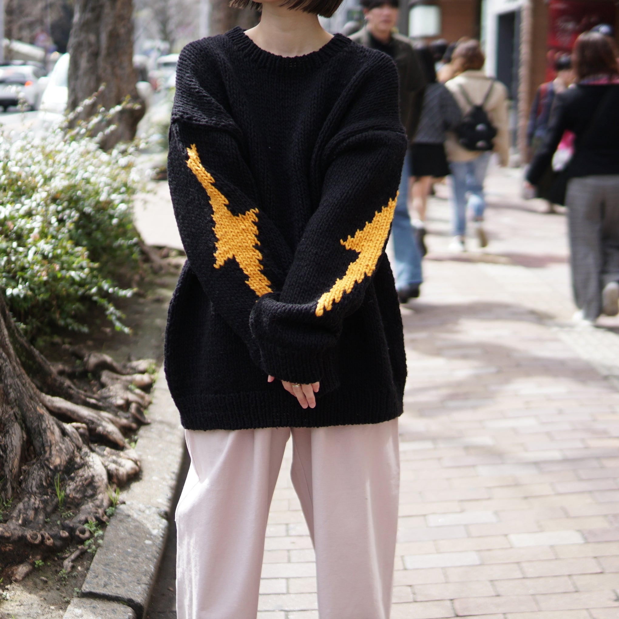 No:tl23f003a | Name:lightning hand knit crew | Color:Black【THRIFTY LOOK_スリフティールック】