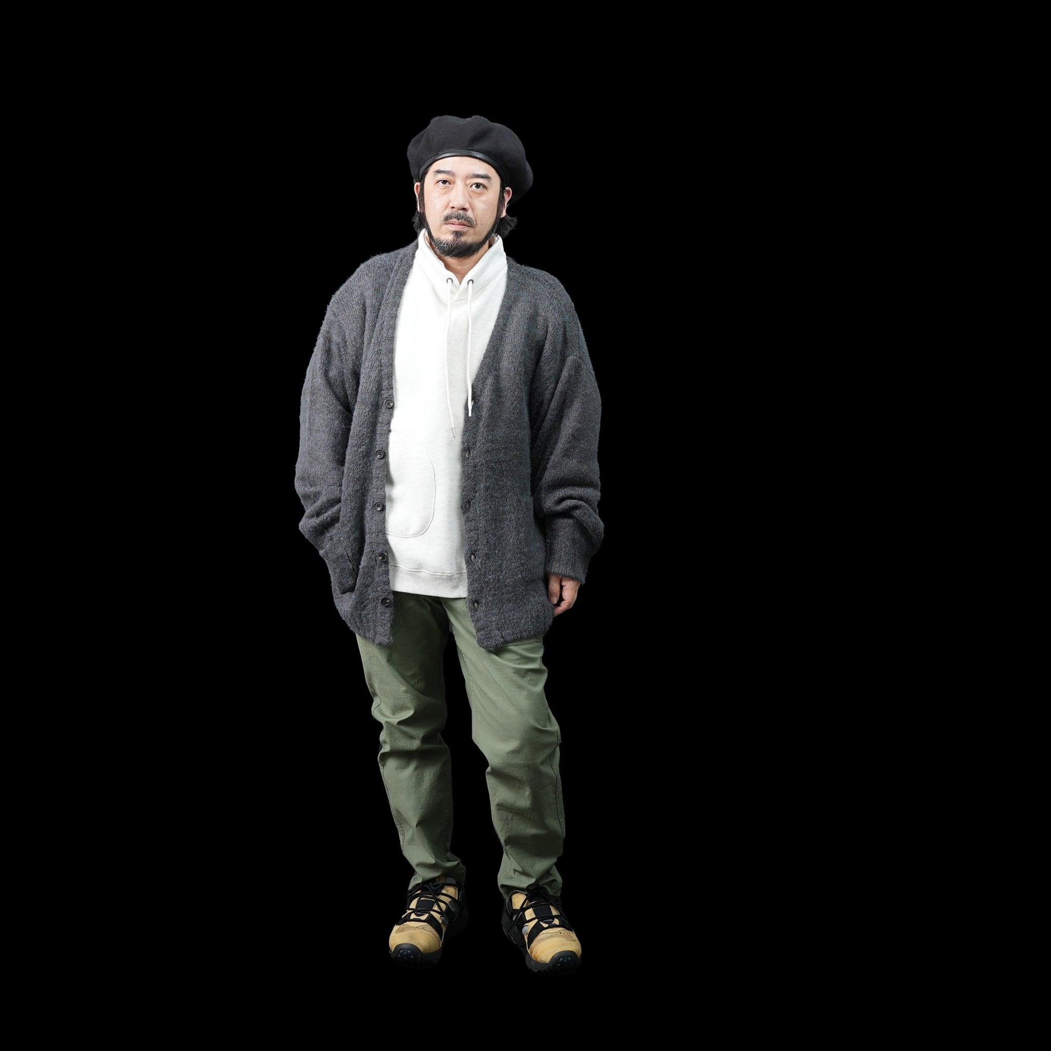 No:m-2303752 | Name:shaggy mohair knit cardigan | Color:Beige/Charcoal【MODEM DESIGN_モデムデザイン】