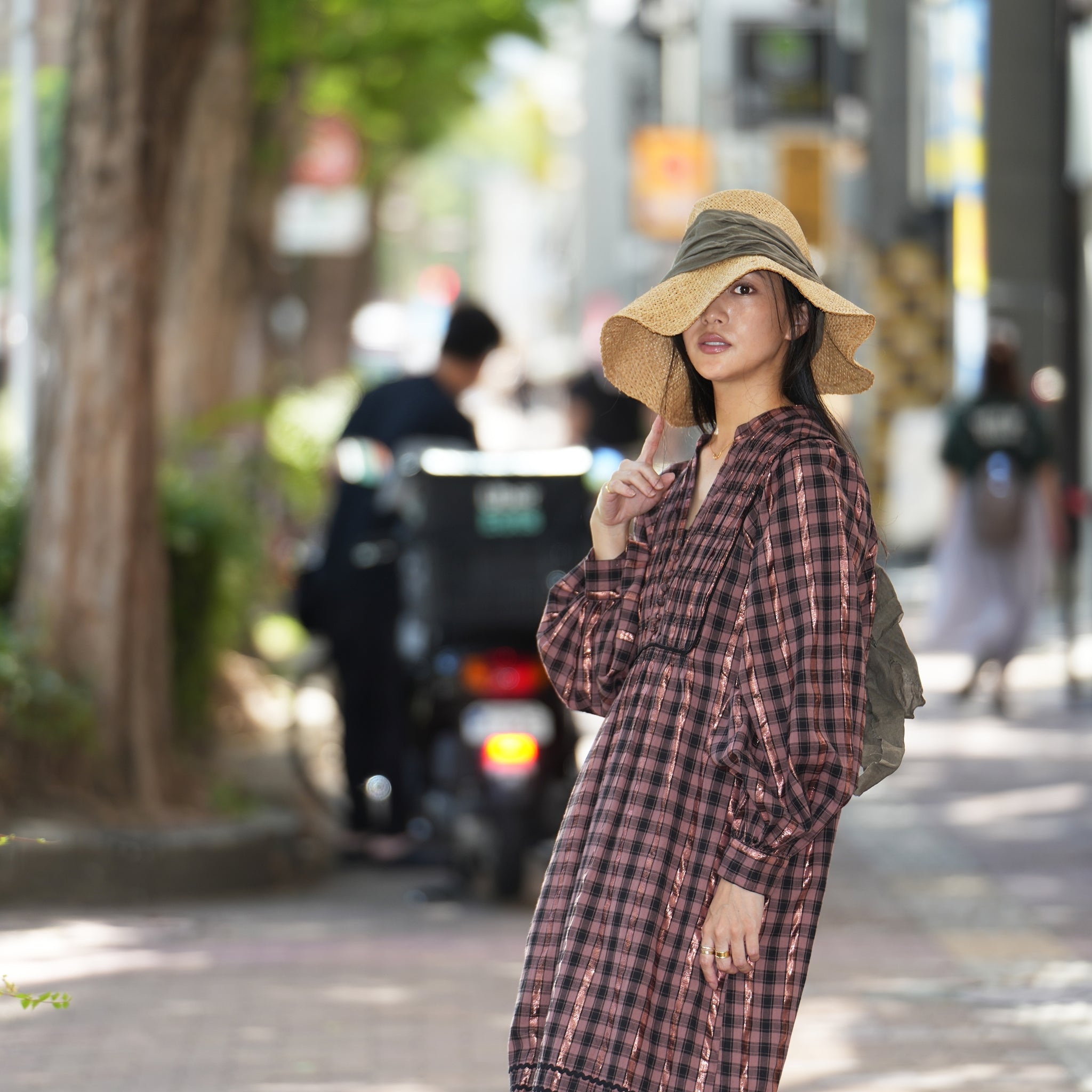 020442SR1 | COTTON CHECK SHIRRING LONG DRESS | Color:Brown【SARAMALLIKA_サラマリカ】【archive】