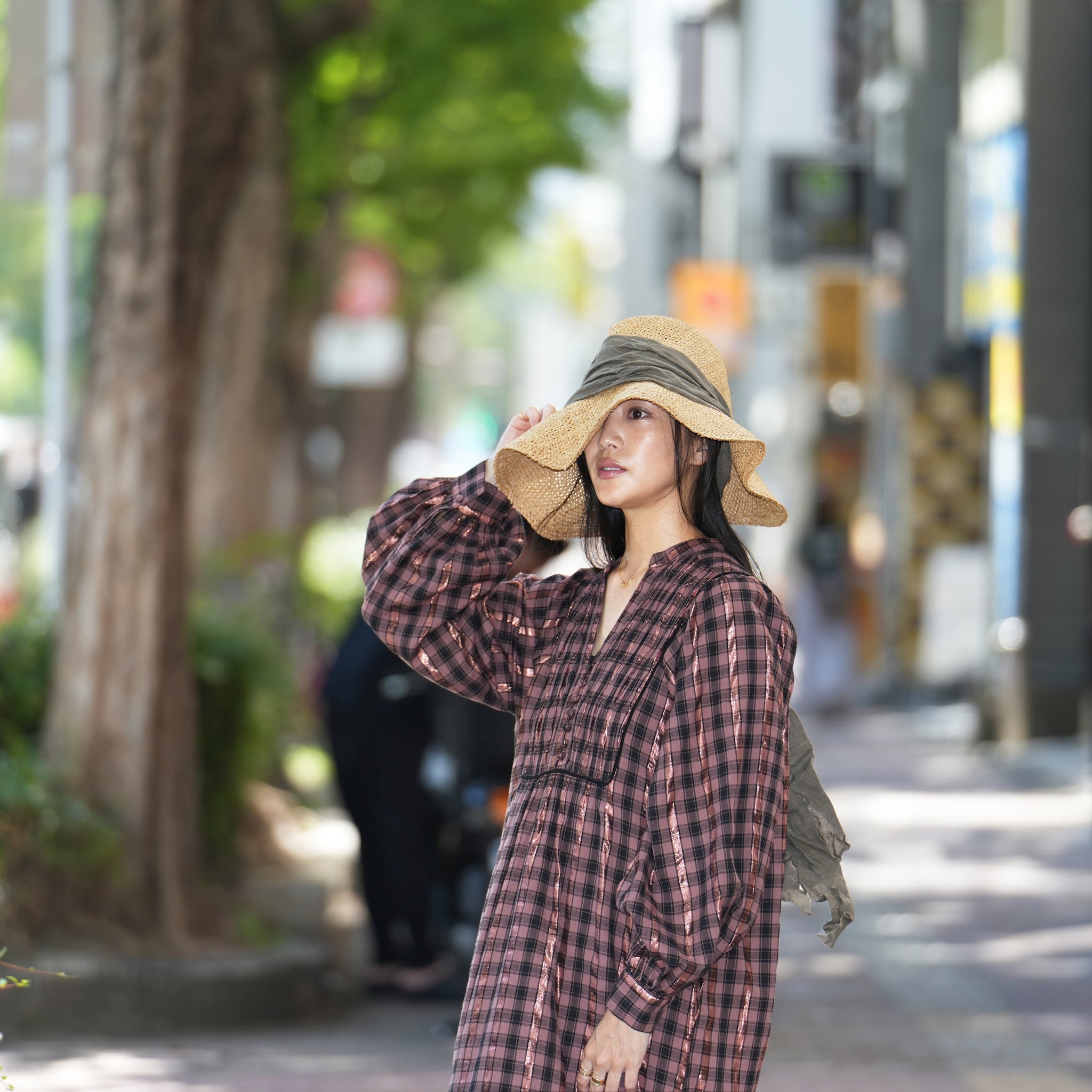 020442SR1 | COTTON CHECK SHIRRING LONG DRESS | Color:Brown【SARAMALLIKA_サラマリカ】【archive】