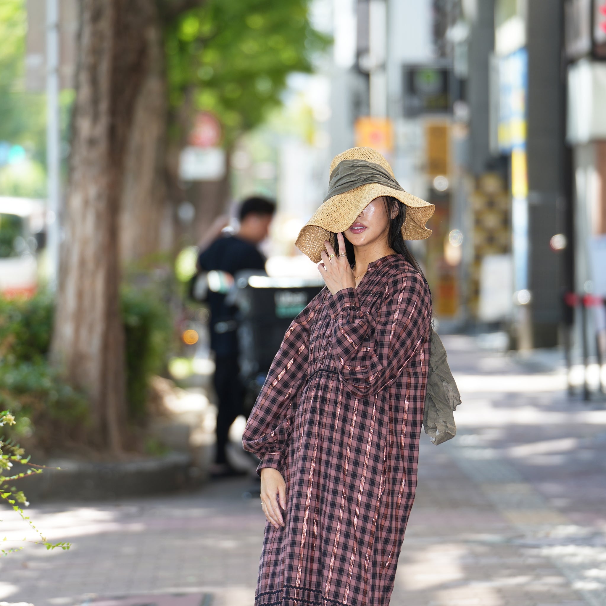 020442SR1 | COTTON CHECK SHIRRING LONG DRESS | Color:Brown【SARAMALLIKA_サラマリカ】【archive】